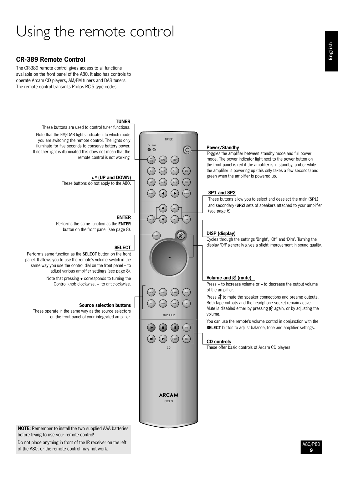 Arcam P80, A80 manual Using the remote control, CR-389 Remote Control 