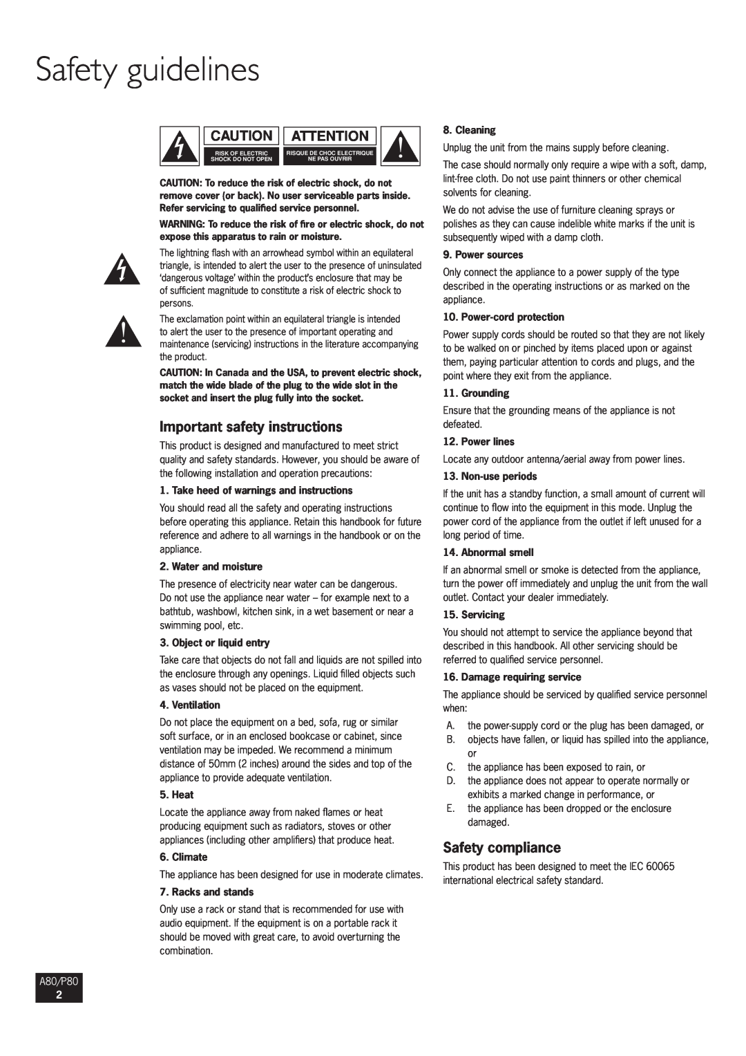 Arcam A80, P80 Safety guidelines, Important safety instructions, Safety compliance, Take heed of warnings and instructions 