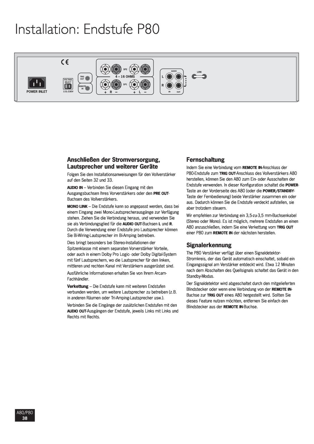 Arcam manual Installation Endstufe P80, Fernschaltung, Signalerkennung, + R, + L, A80/P80 