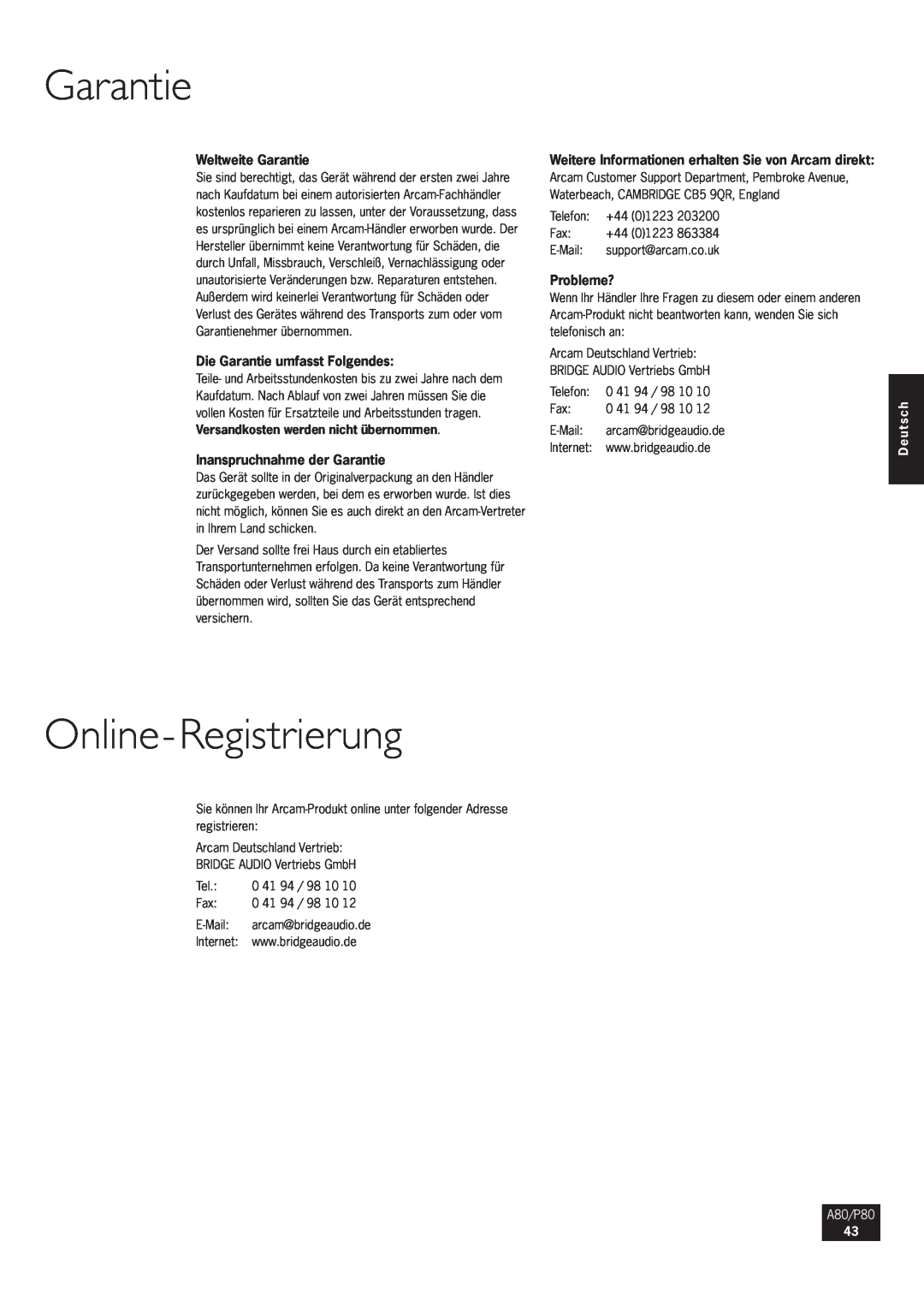Arcam P80 Online-Registrierung, Weltweite Garantie, Die Garantie umfasst Folgendes, Inanspruchnahme der Garantie, Deutsch 