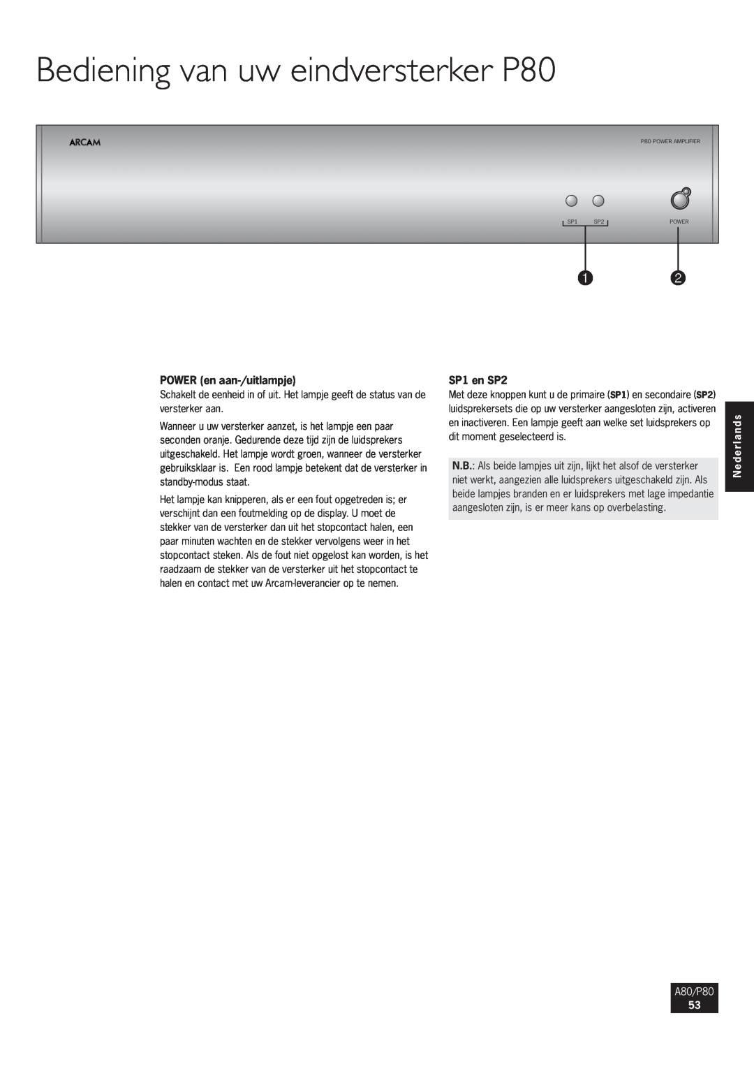 Arcam manual Bediening van uw eindversterker P80, POWER en aan-/uitlampje, SP1 en SP2, Nederlands, A80/P80 