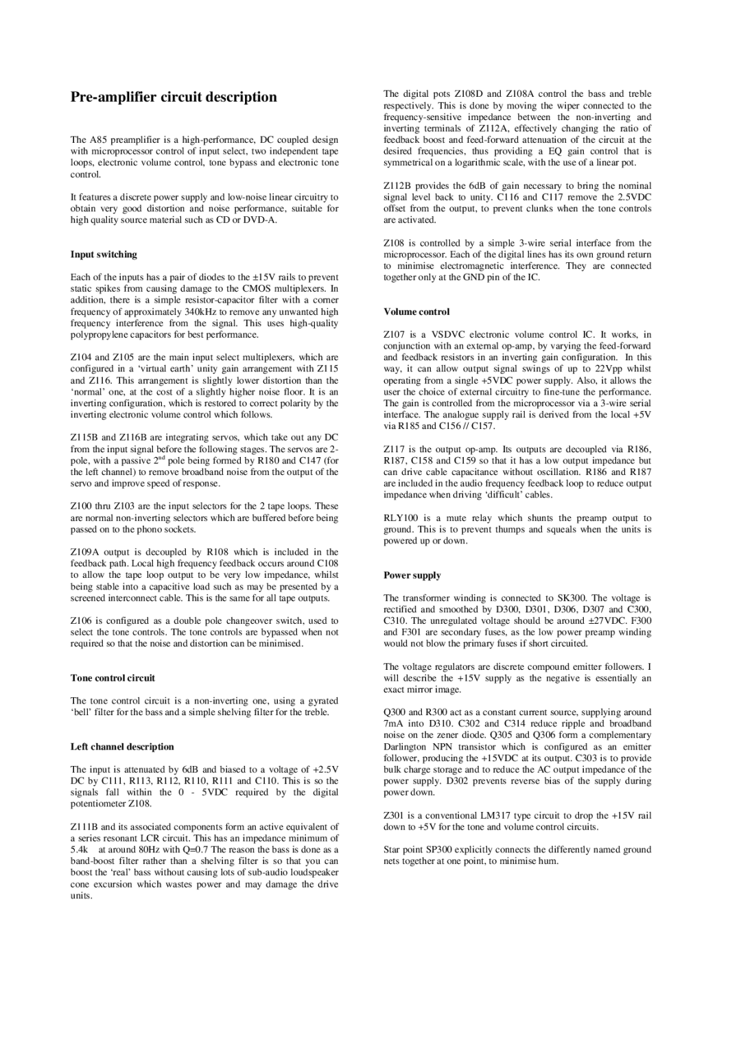 Arcam A85 service manual Pre-amplifier circuit description 