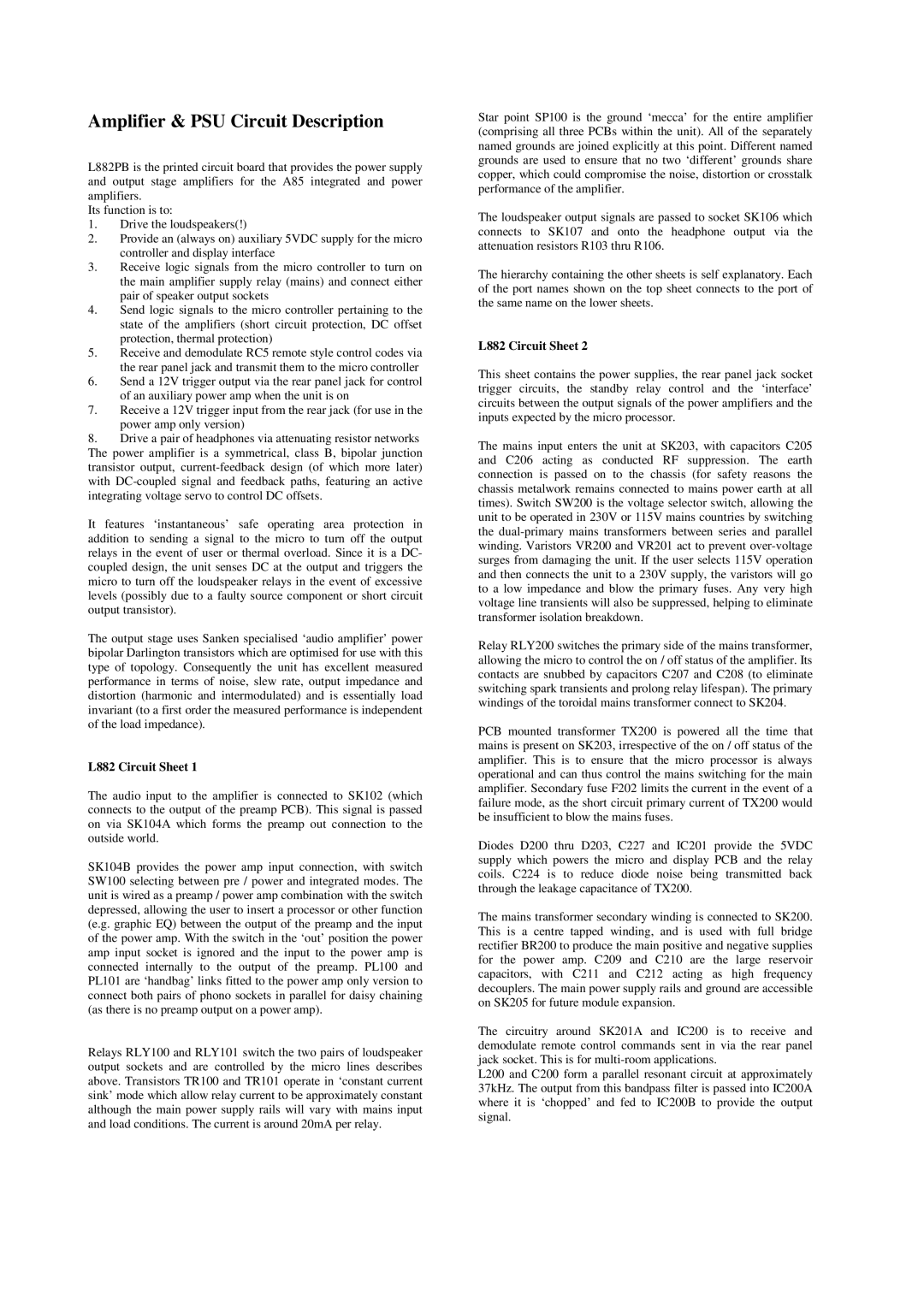 Arcam A85 service manual Amplifier & PSU Circuit Description 