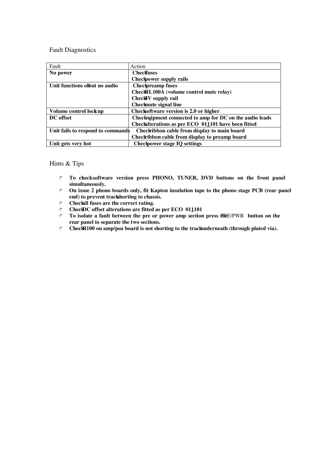 Arcam A85 service manual Fault Diagnostics 