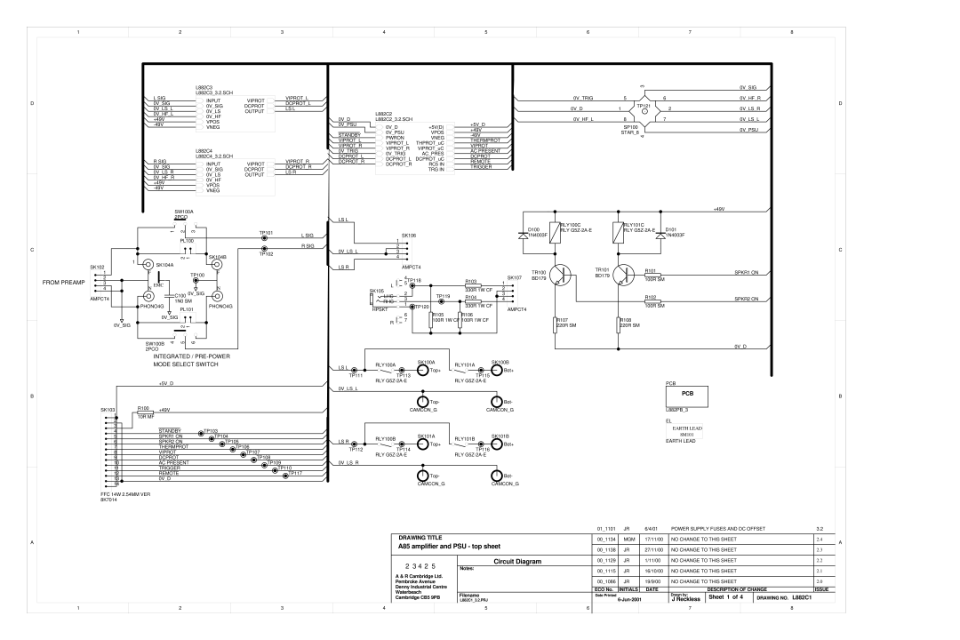 Arcam A85 amplifier and PSU - top sheet Circuit Diagram, 23425, From Preamp, Integrated / Pre-Power Mode Select Switch 
