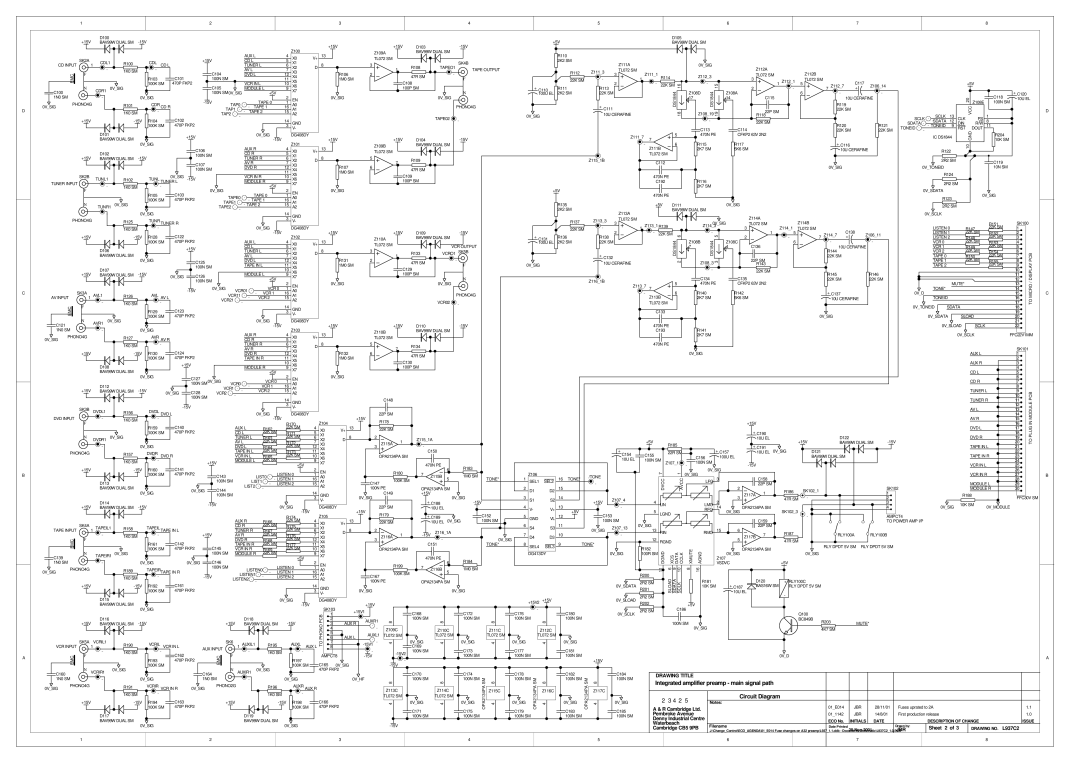 Arcam A85 Integrated amplifier preamp - main signal path, Circuit Diagram, Drawing Title, Pembroke Avenue, Waterbeach 
