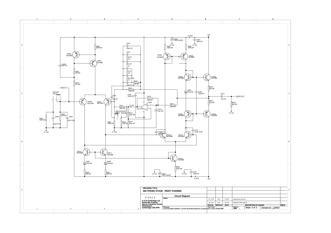 Arcam A85 PHONO STAGE - RIGHT CHANNEL, Circuit Diagram, 23425, Drawing Title, Pembroke Avenue, Waterbeach, Sheet 3 of 