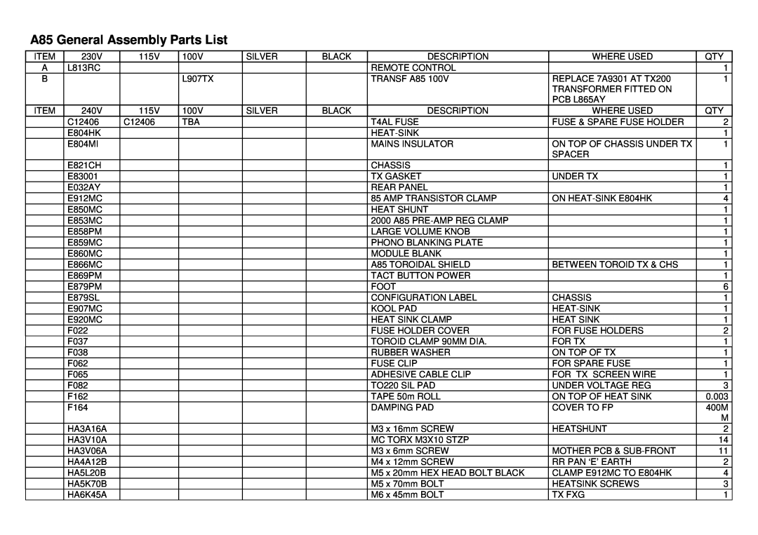Arcam service manual A85 General Assembly Parts List 