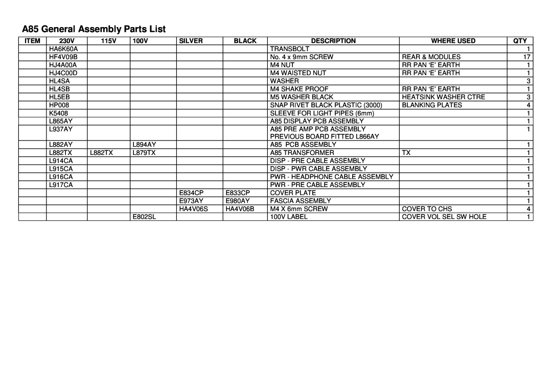 Arcam service manual A85 General Assembly Parts List, 230V, 115V, 100V, Silver, Black, Description, Where Used 
