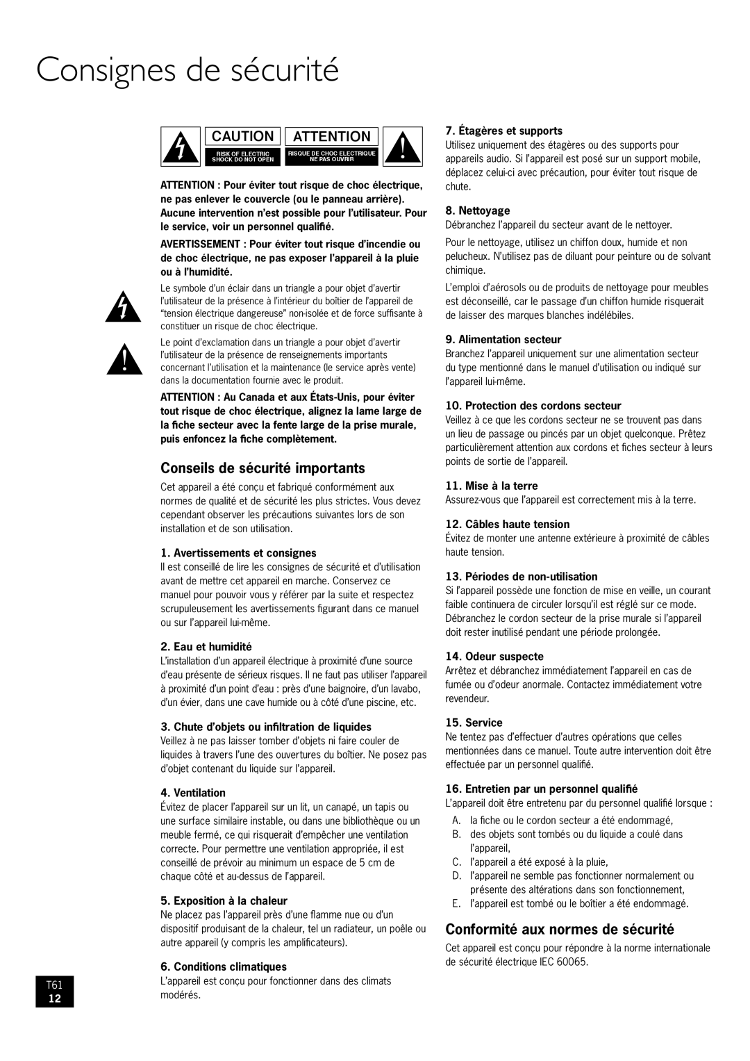 Arcam AM/FM Tuner T61 manual Consignes de sécurité, Conseils de sécurité importants, Conformité aux normes de sécurité 