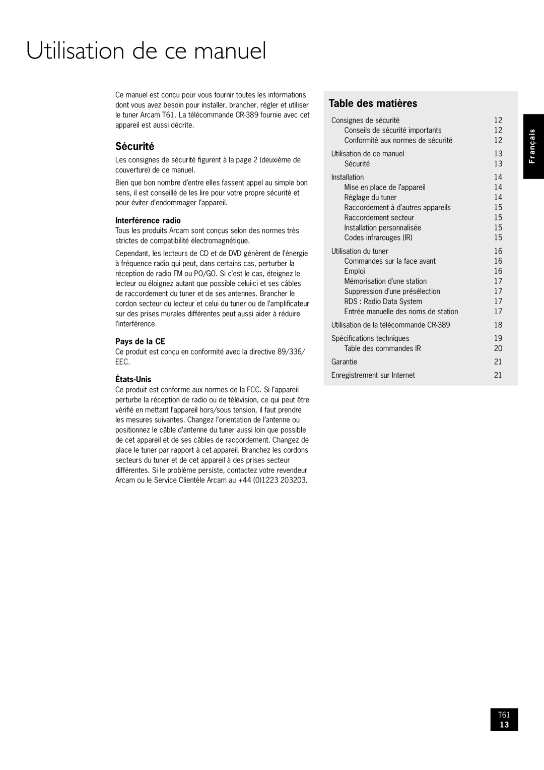 Arcam AM/FM Tuner T61 manual Utilisation de ce manuel, Sécurité, Table des matières 