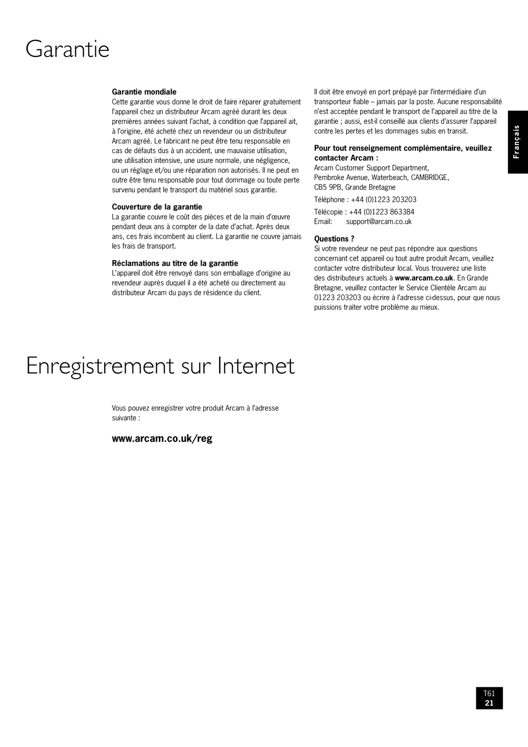 Arcam AM/FM Tuner T61 manual Garantie, Enregistrement sur Internet 