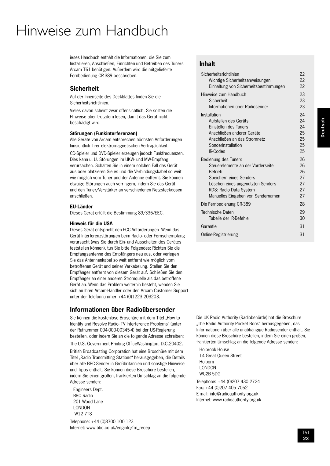 Arcam AM/FM Tuner T61 manual Hinweise zum Handbuch, Sicherheit, Inhalt, Informationen über Radioübersender 