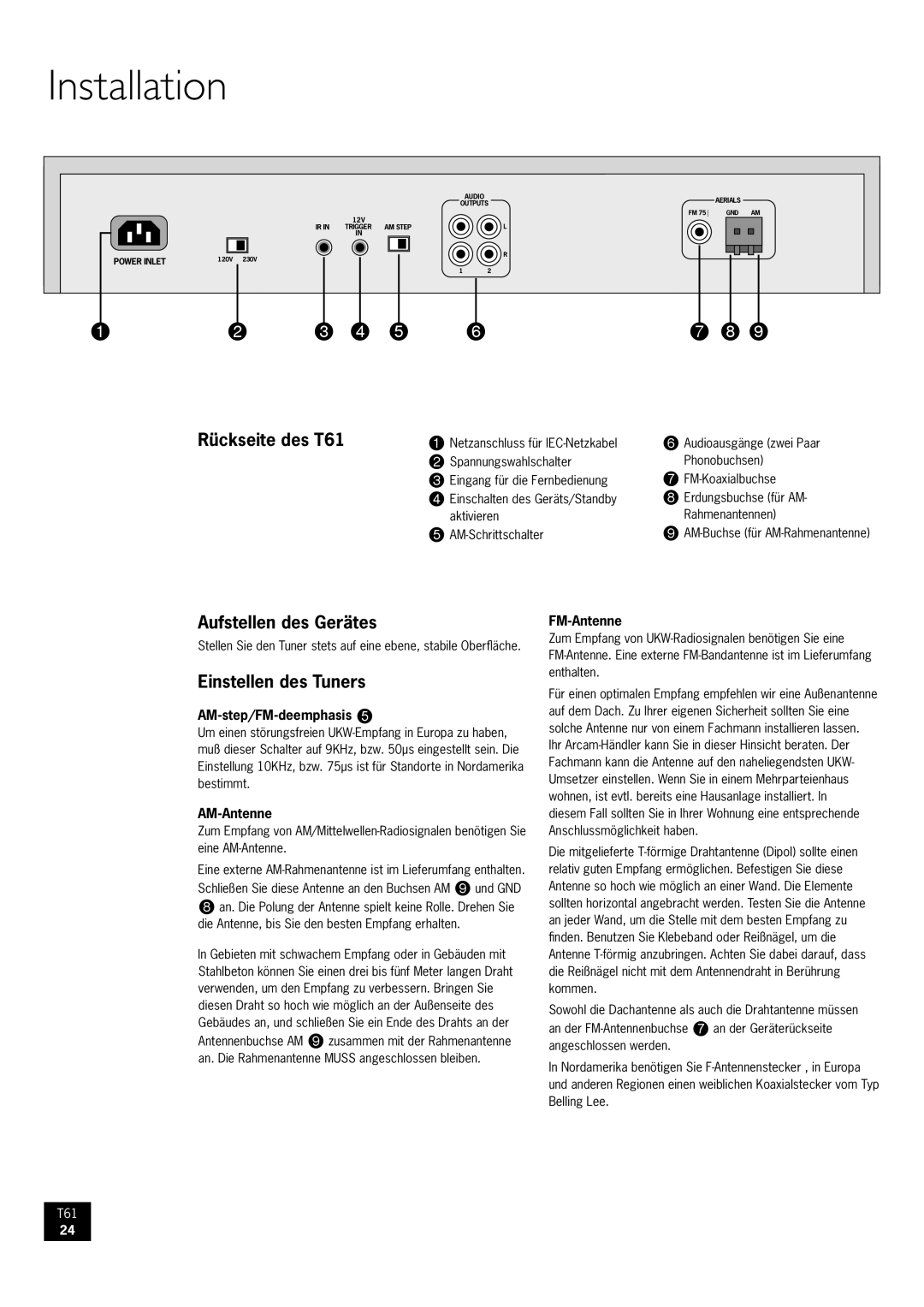 Arcam AM/FM Tuner T61 manual Rückseite des T61, Aufstellen des Gerätes, Einstellen des Tuners 