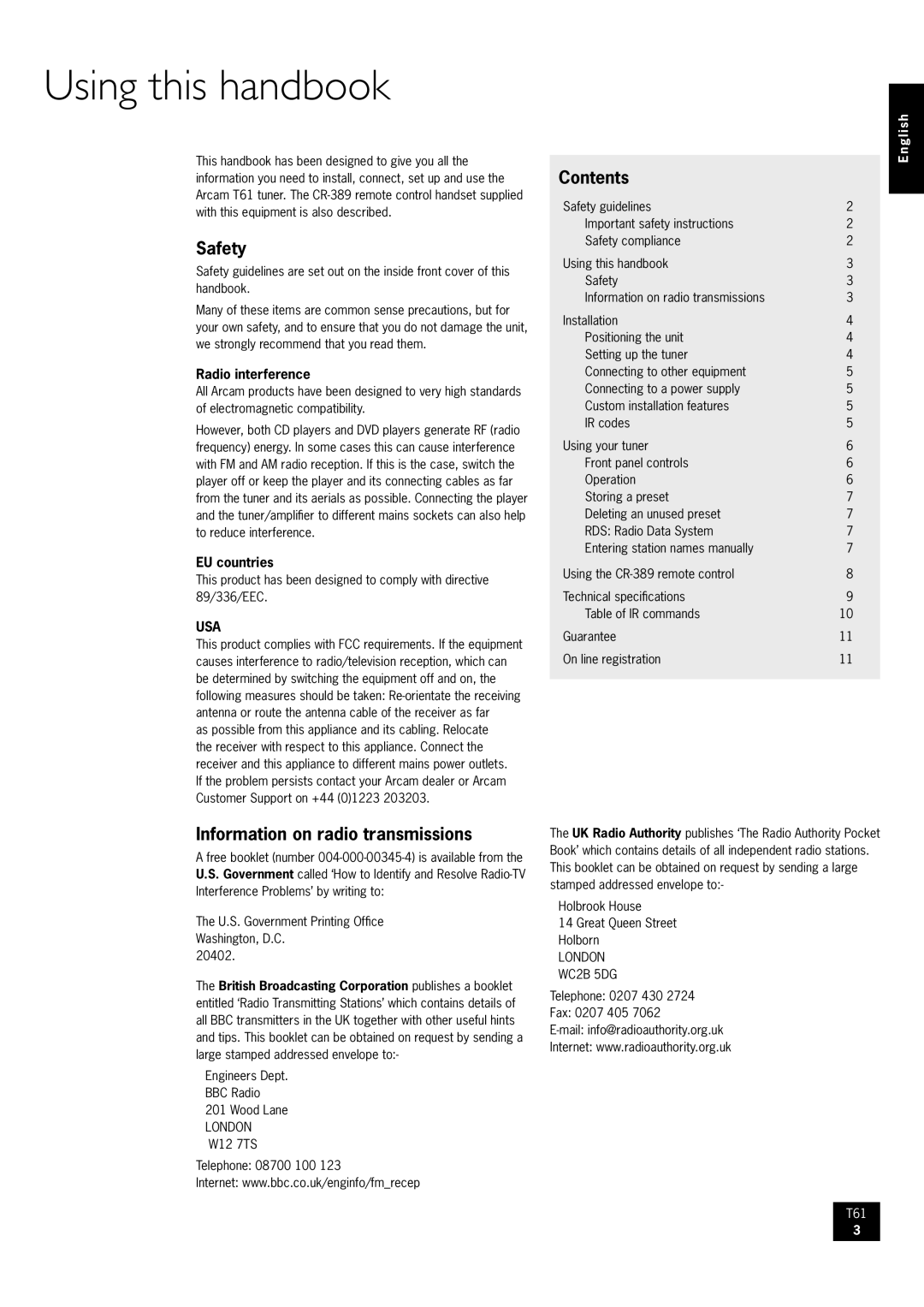 Arcam AM/FM Tuner T61 manual Using this handbook, Safety, Information on radio transmissions, Contents 