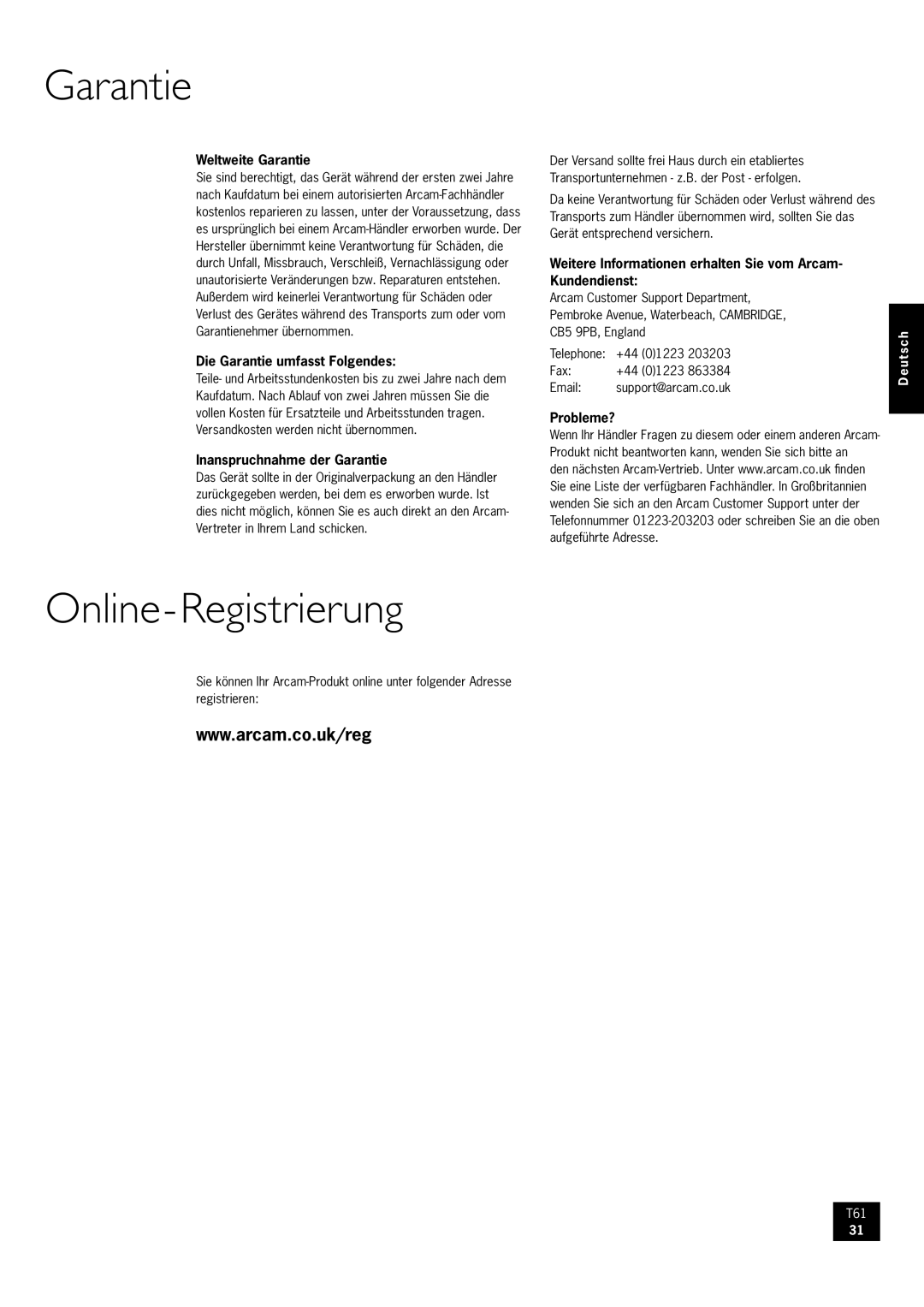 Arcam AM/FM Tuner T61 manual Online-Registrierung 