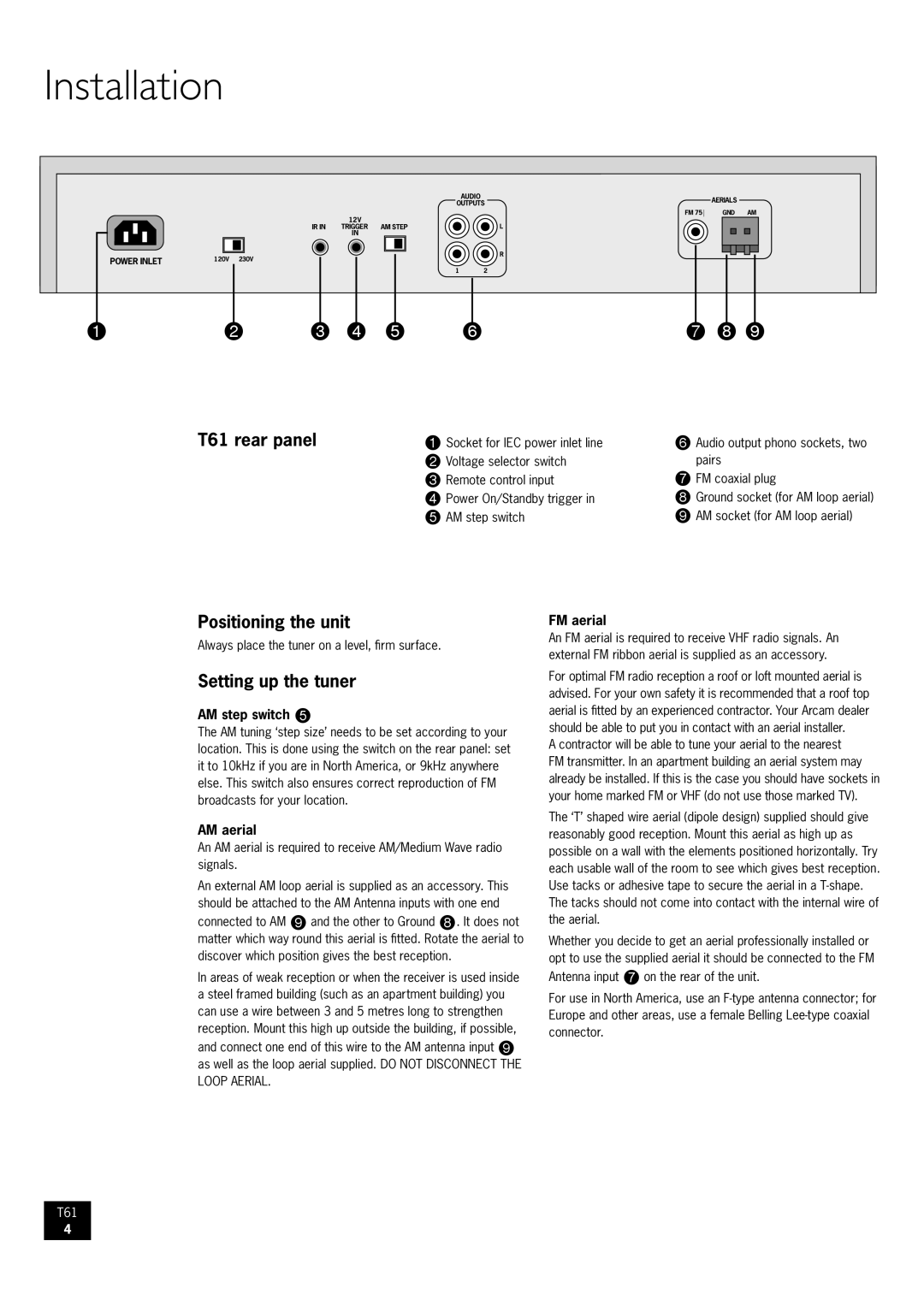 Arcam AM/FM Tuner T61 manual Installation, T61 rear panel, Positioning the unit, Setting up the tuner 