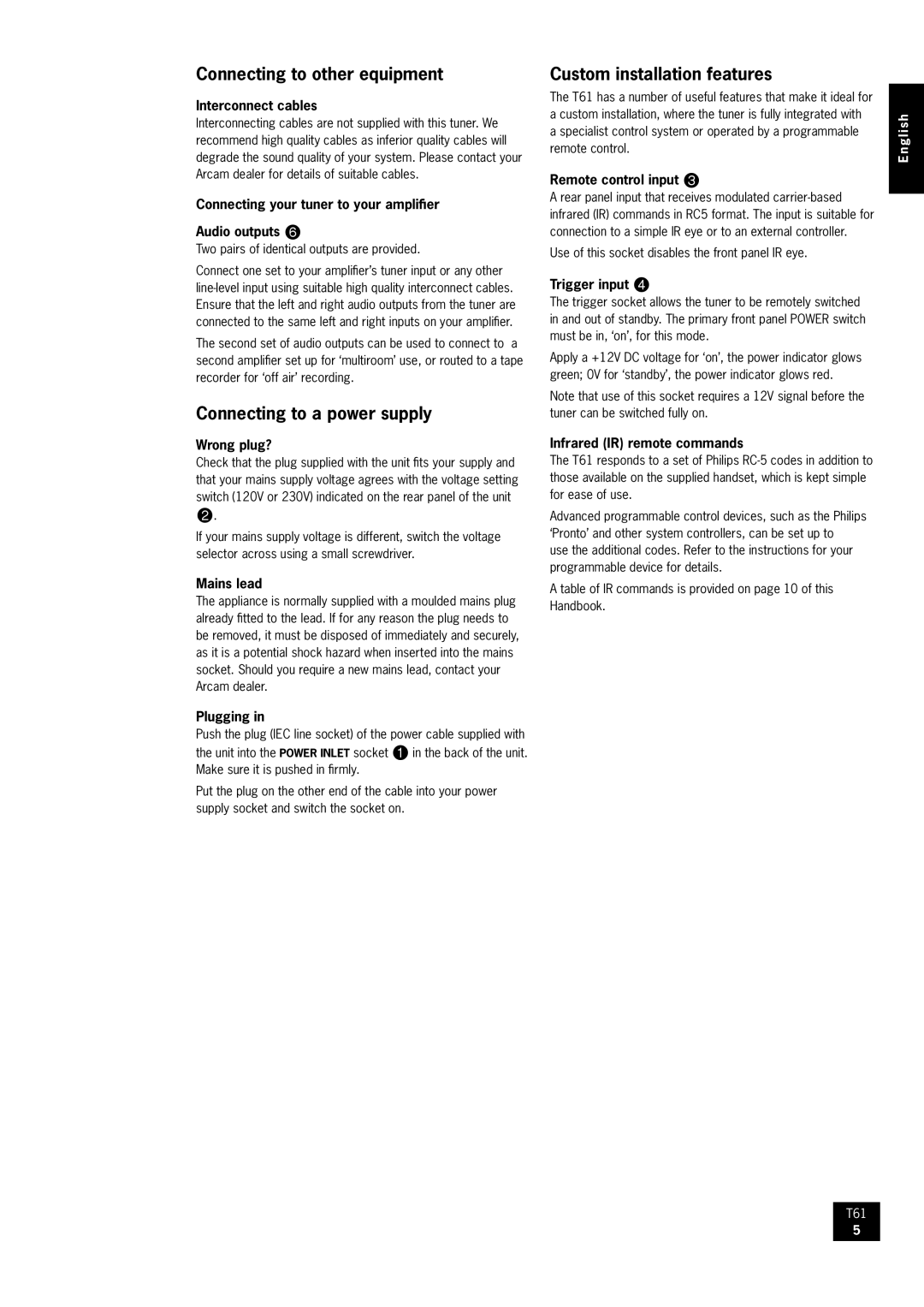 Arcam AM/FM Tuner T61 manual Connecting to other equipment, Connecting to a power supply, Custom installation features 