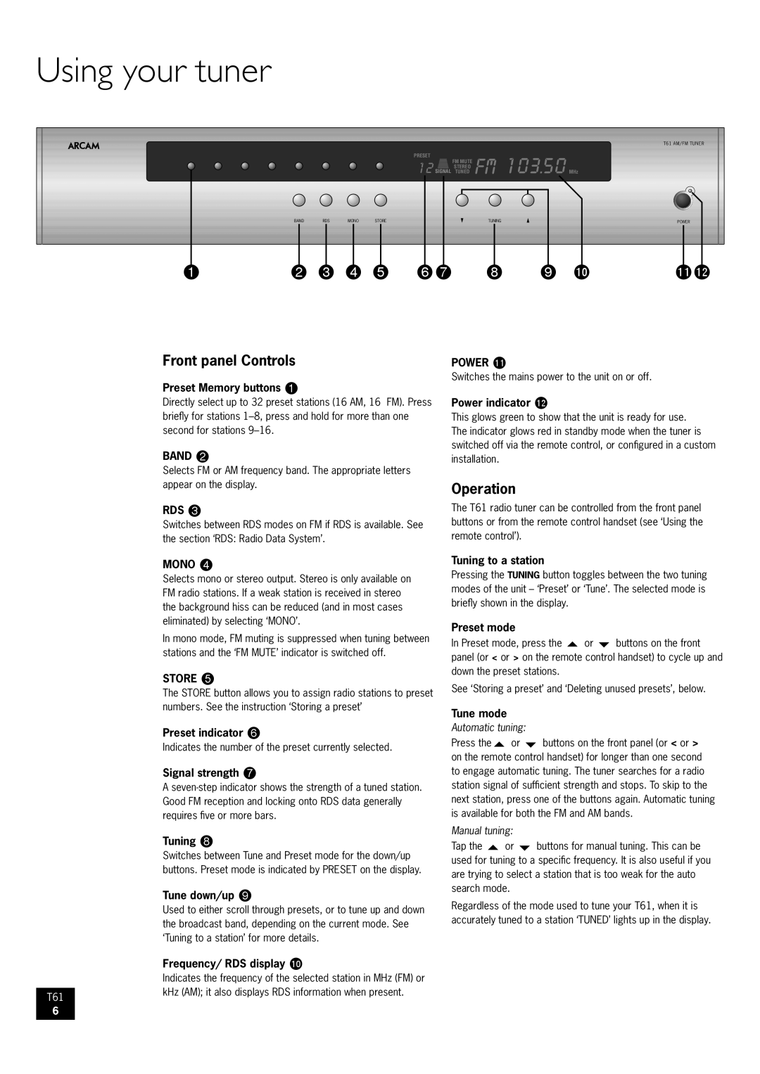 Arcam AM/FM Tuner T61 manual Using your tuner, Front panel Controls, Operation 