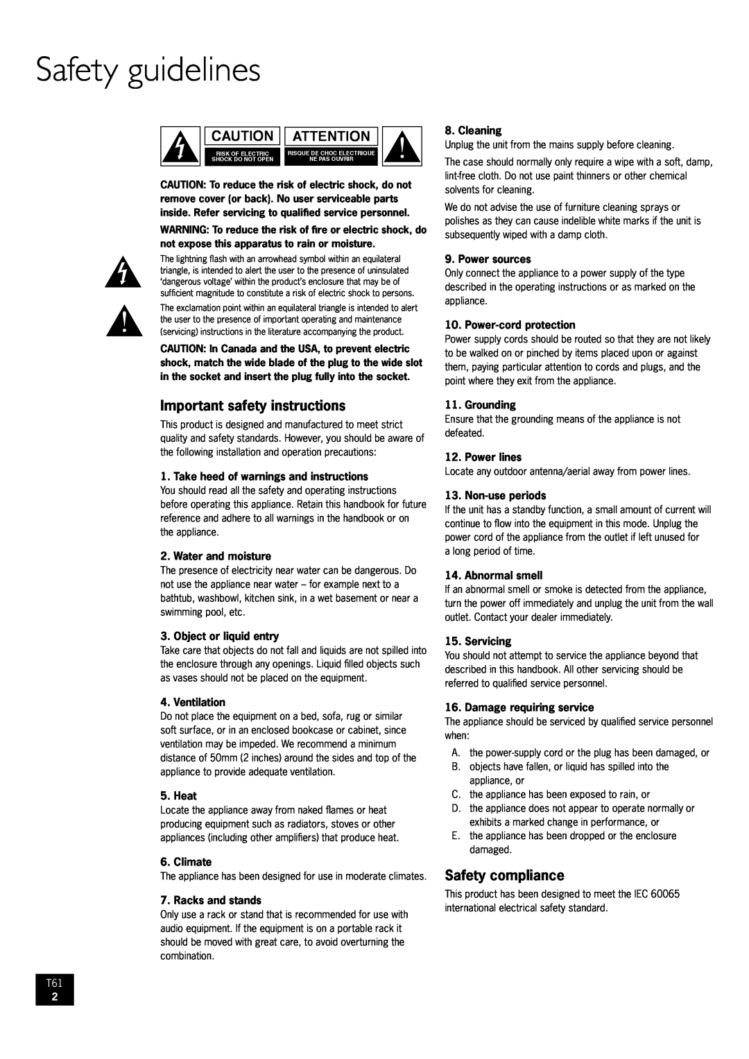 Arcam AM/FM Tuner T61 manual Safety guidelines, Important safety instructions, Safety compliance 