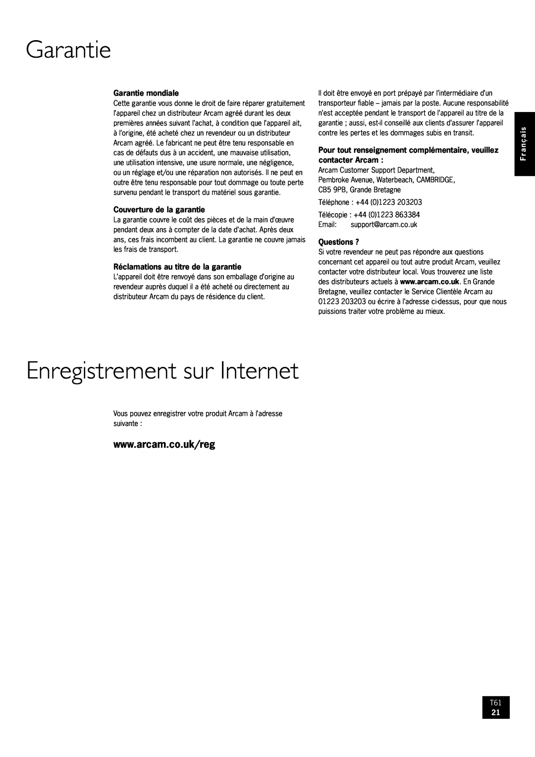 Arcam AM/FM Tuner T61 manual Garantie, Enregistrement sur Internet, Français 