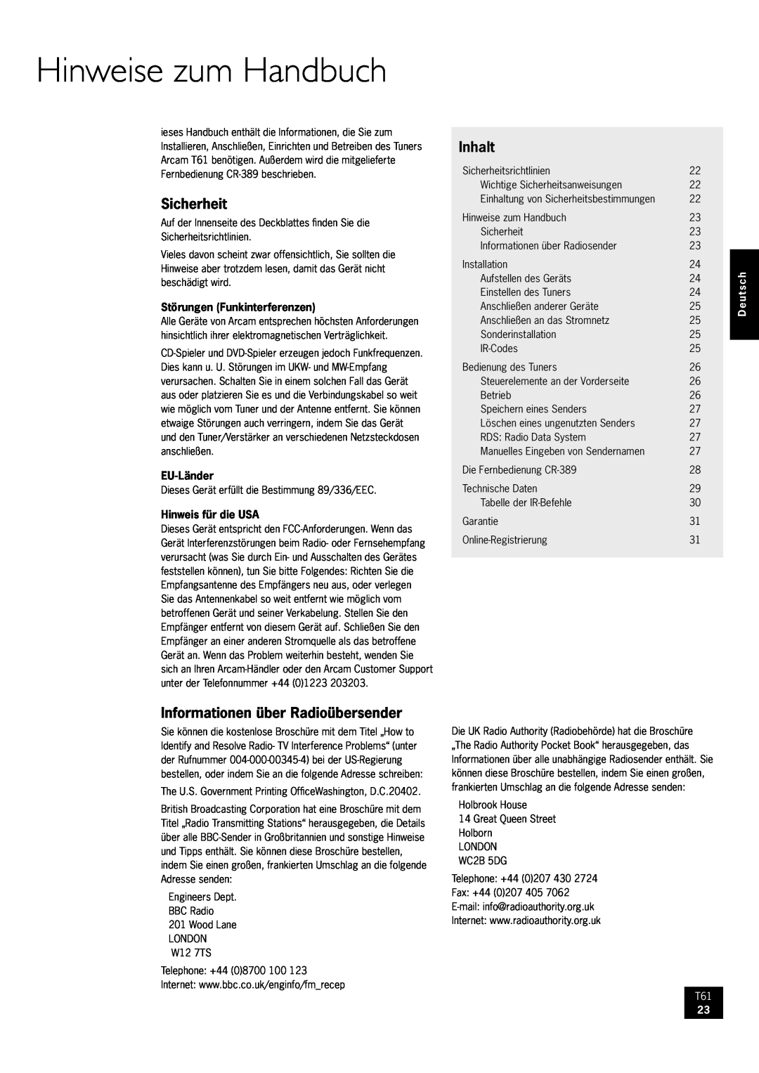 Arcam AM/FM Tuner T61 manual Hinweise zum Handbuch, Sicherheit, Inhalt, Informationen über Radioübersender, Deutsch 