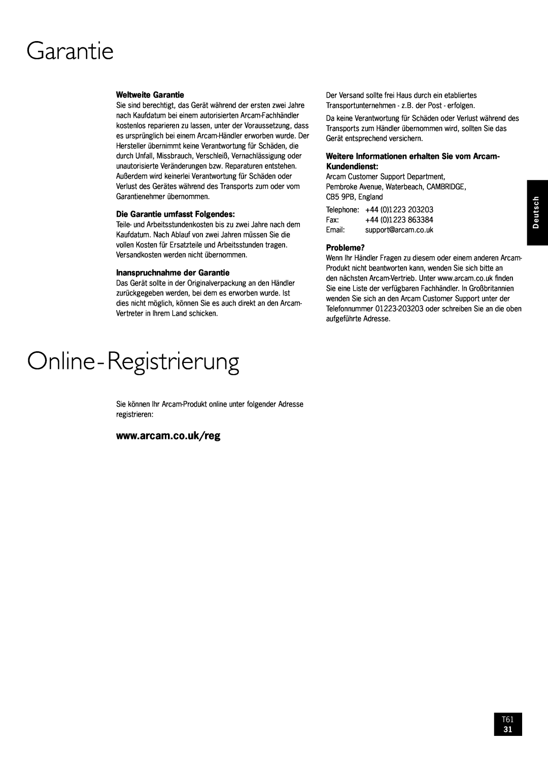 Arcam AM/FM Tuner T61 manual Online-Registrierung, Garantie, Deutsch 
