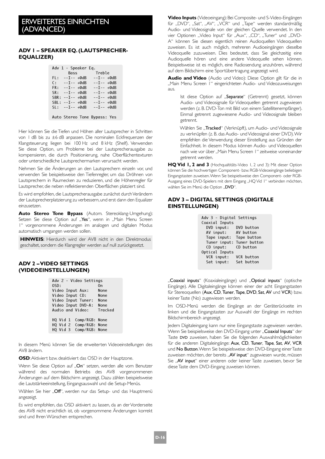 Arcam AV8 manual ADV 1 Speaker EQ. LAUTSPRECHER- Equalizer, ADV 2 Video Settings Videoeinstellungen 