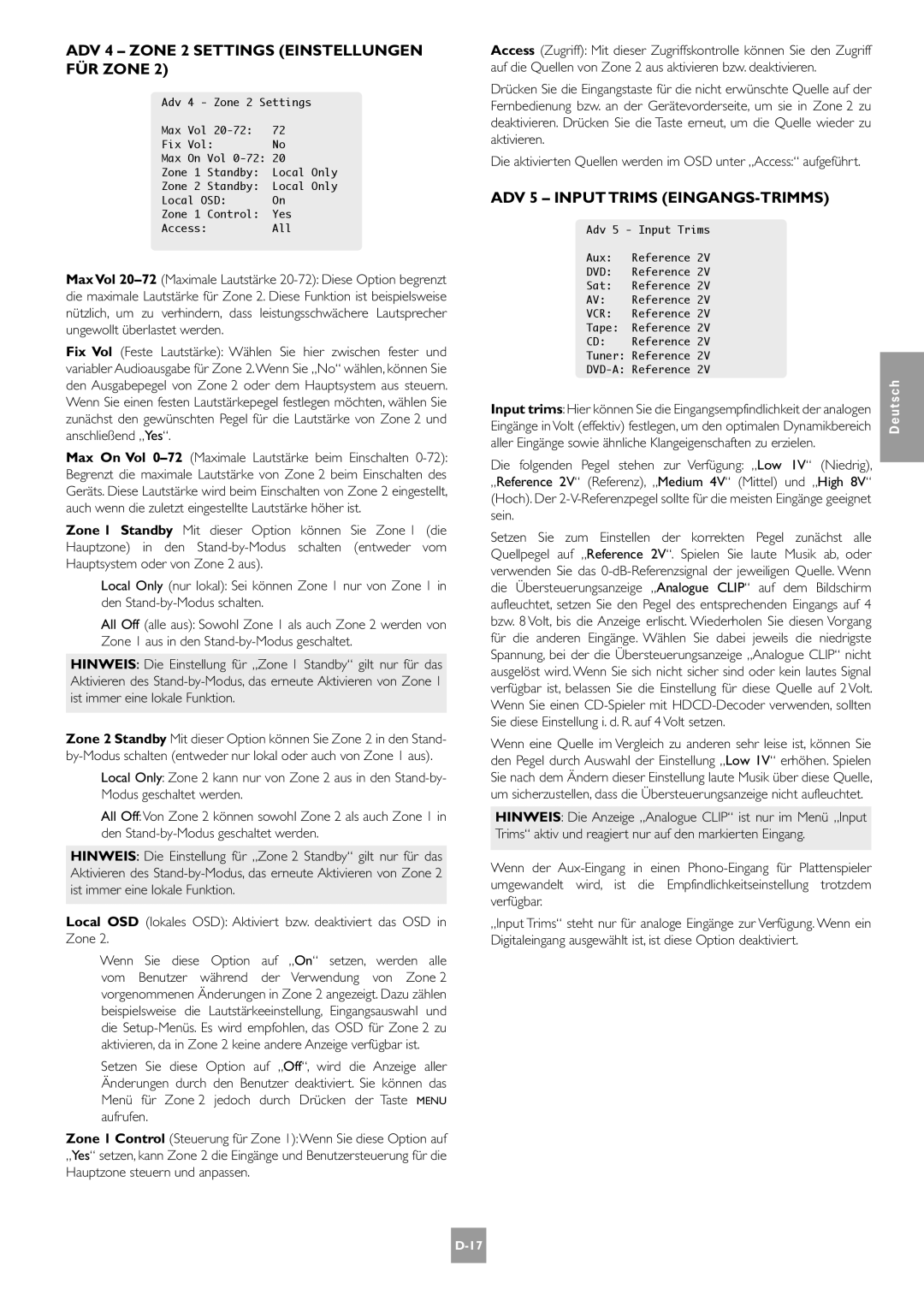 Arcam AV8 manual ADV 4 Zone 2 Settings Einstellungen FÜR Zone, ADV 5 Input Trims EINGANGS-TRIMMS 