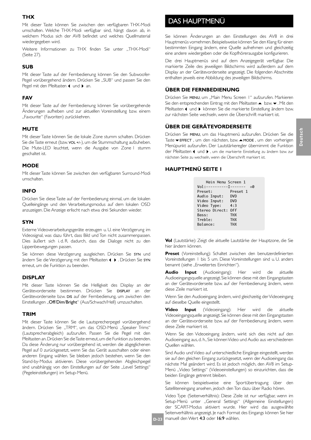 Arcam AV8 manual DAS Hauptmenü, Über DIE Fernbedienung, Mute Über DIE Gerätevorderseite, Hauptmenü Seite 