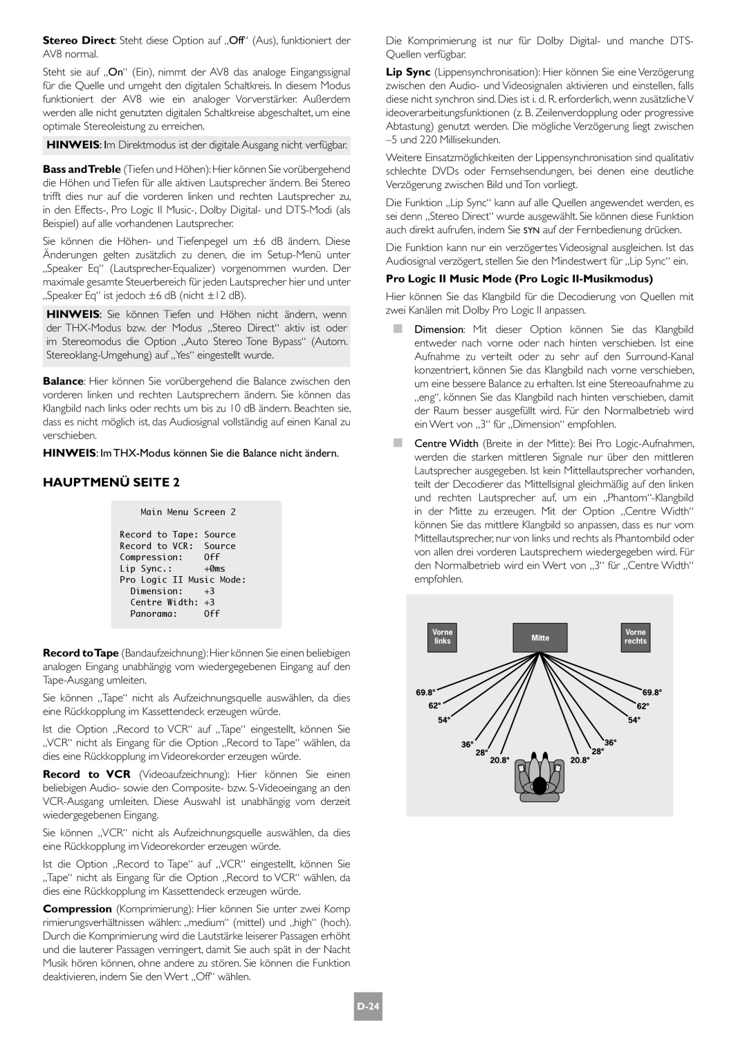 Arcam AV8 manual Hinweis Im THX-Modus können Sie die Balance nicht ändern, Pro Logic II Music Mode Pro Logic II-Musikmodus 