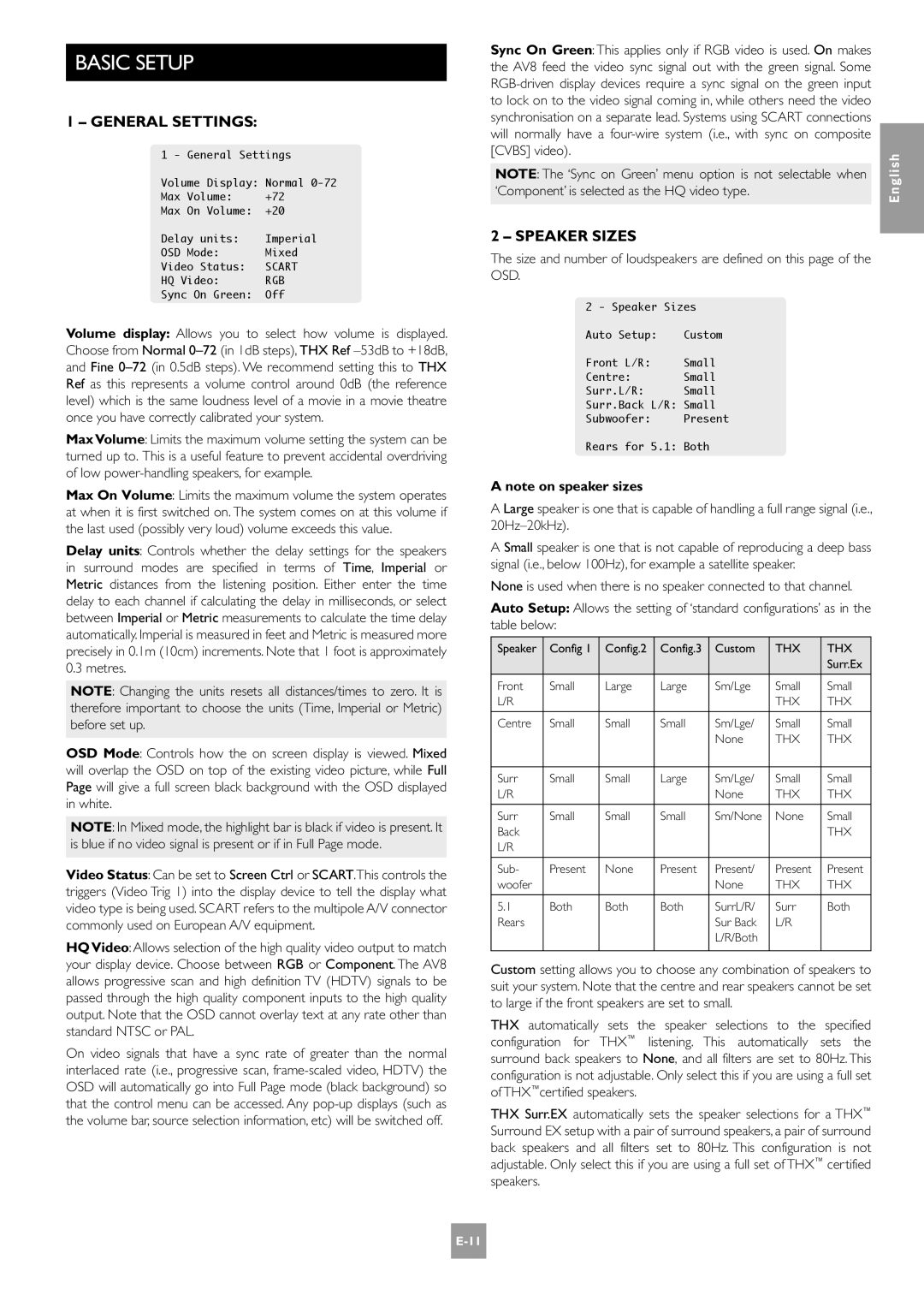 Arcam AV8 manual Basic Setup, General Settings, Speaker Sizes 