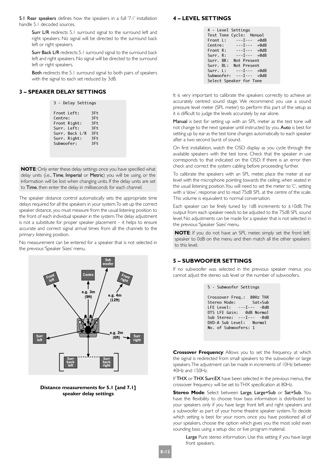 Arcam AV8 Speaker Delay Settings, Level Settings, Subwoofer Settings, Distance measurements for 5.1 Speaker delay settings 