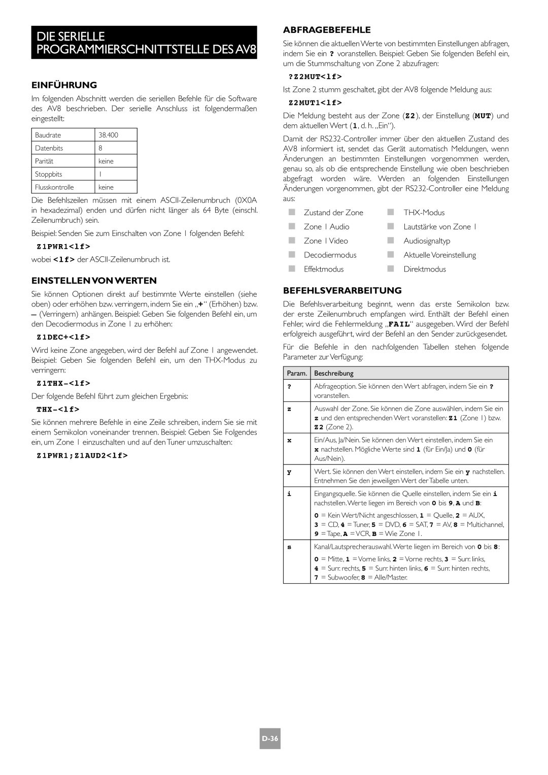 Arcam AV8 manual Einstellen VON Werten, Abfragebefehle, Befehlsverarbeitung, Wobei lf der ASCII-Zeilenumbruch ist 