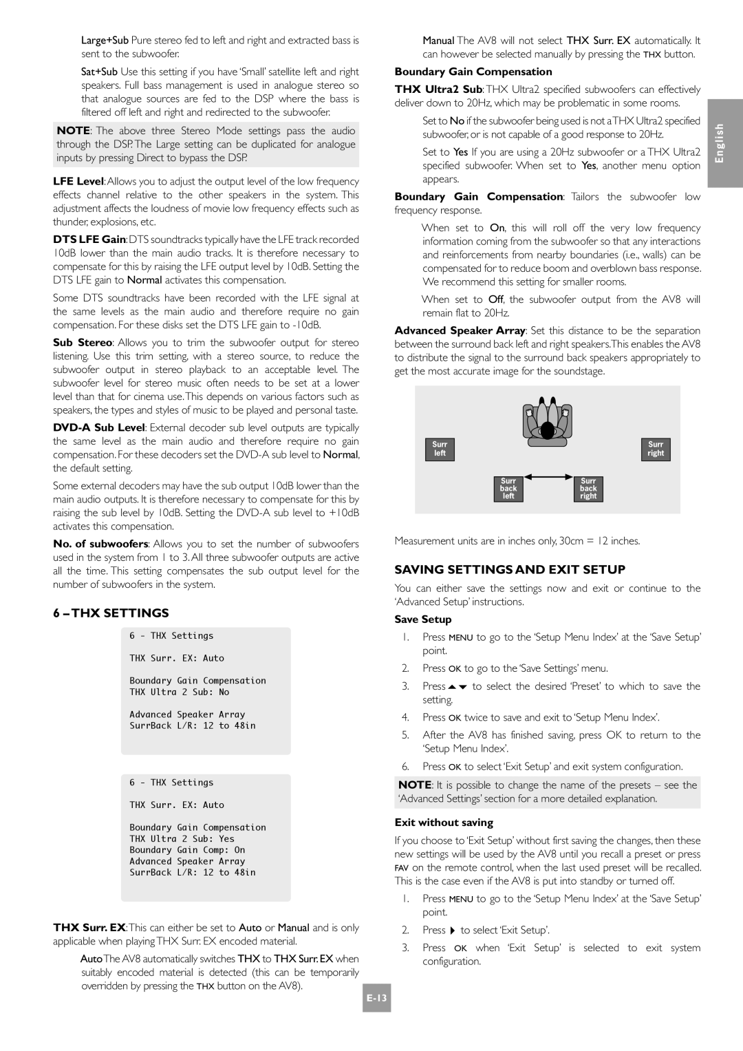 Arcam AV8 manual THX Settings, Saving Settings and Exit Setup, Boundary Gain Compensation, Save Setup, Exit without saving 