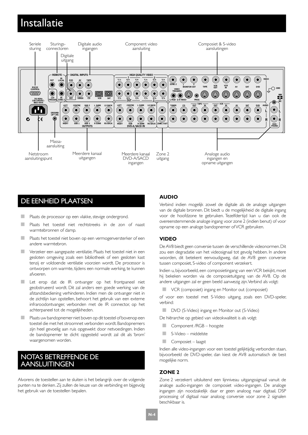 Arcam AV8 manual Installatie, DE Eenheid Plaatsen, Notas Betreffende DE Aansluitingen, Sturings 