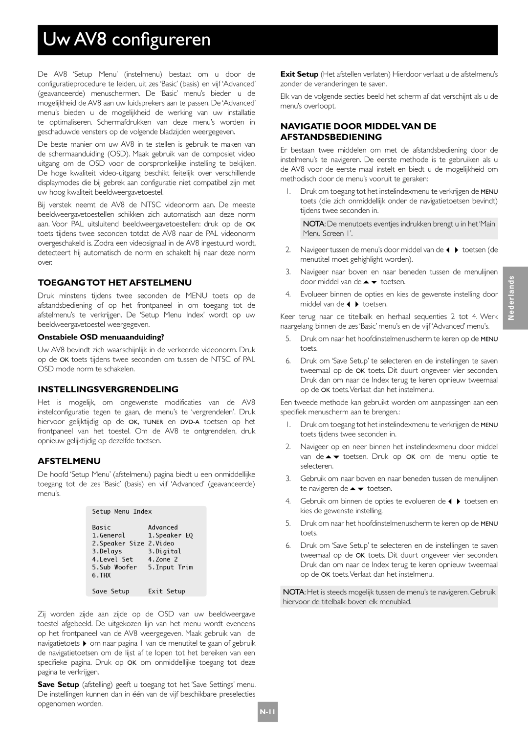 Arcam manual Uw AV8 configureren, Toegang TOT HET Afstelmenu, Instellingsvergrendeling 