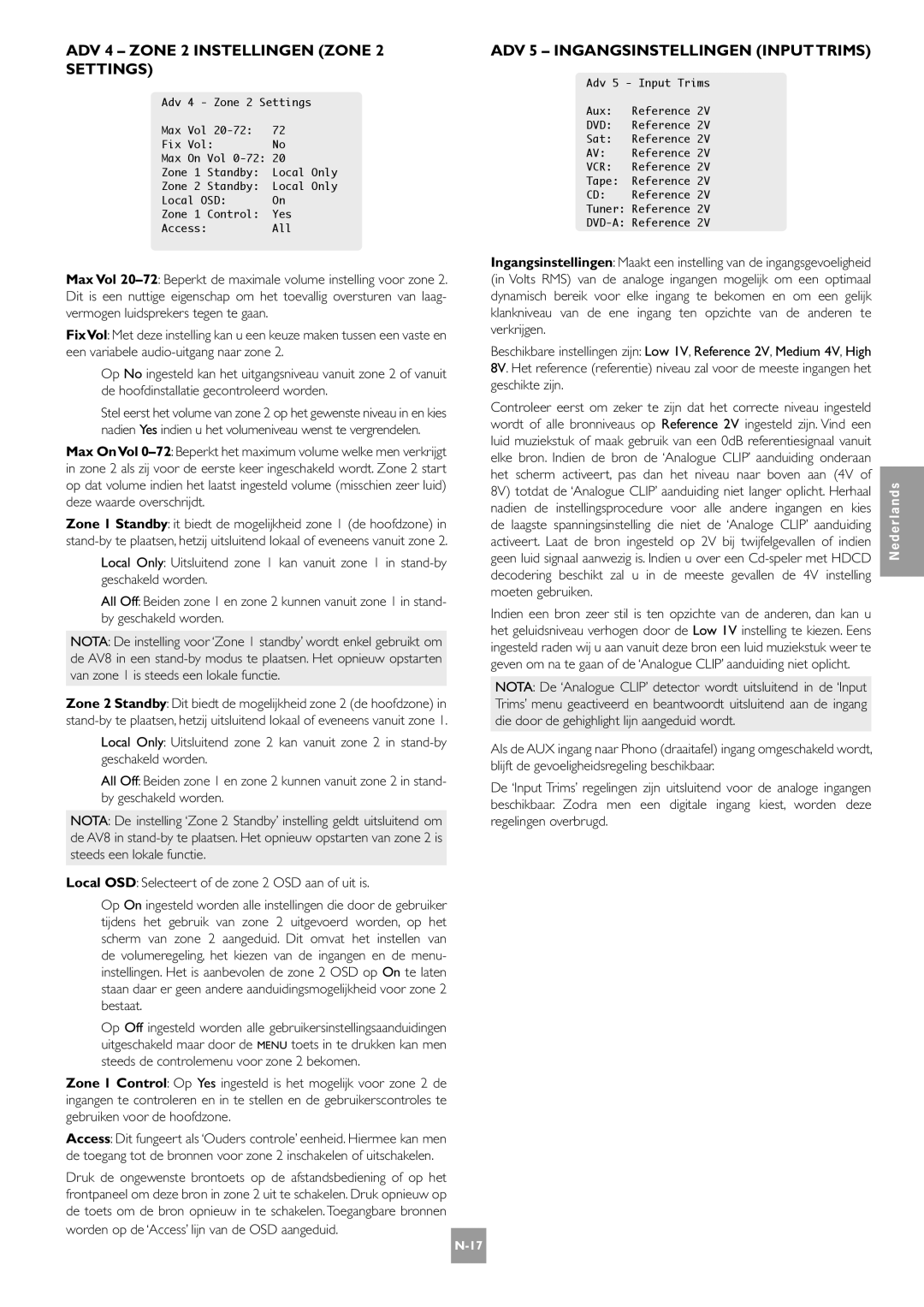 Arcam AV8 manual ADV 4 Zone 2 Instellingen Zone 2 Settings, ADV 5 Ingangsinstellingen Inputtrims 