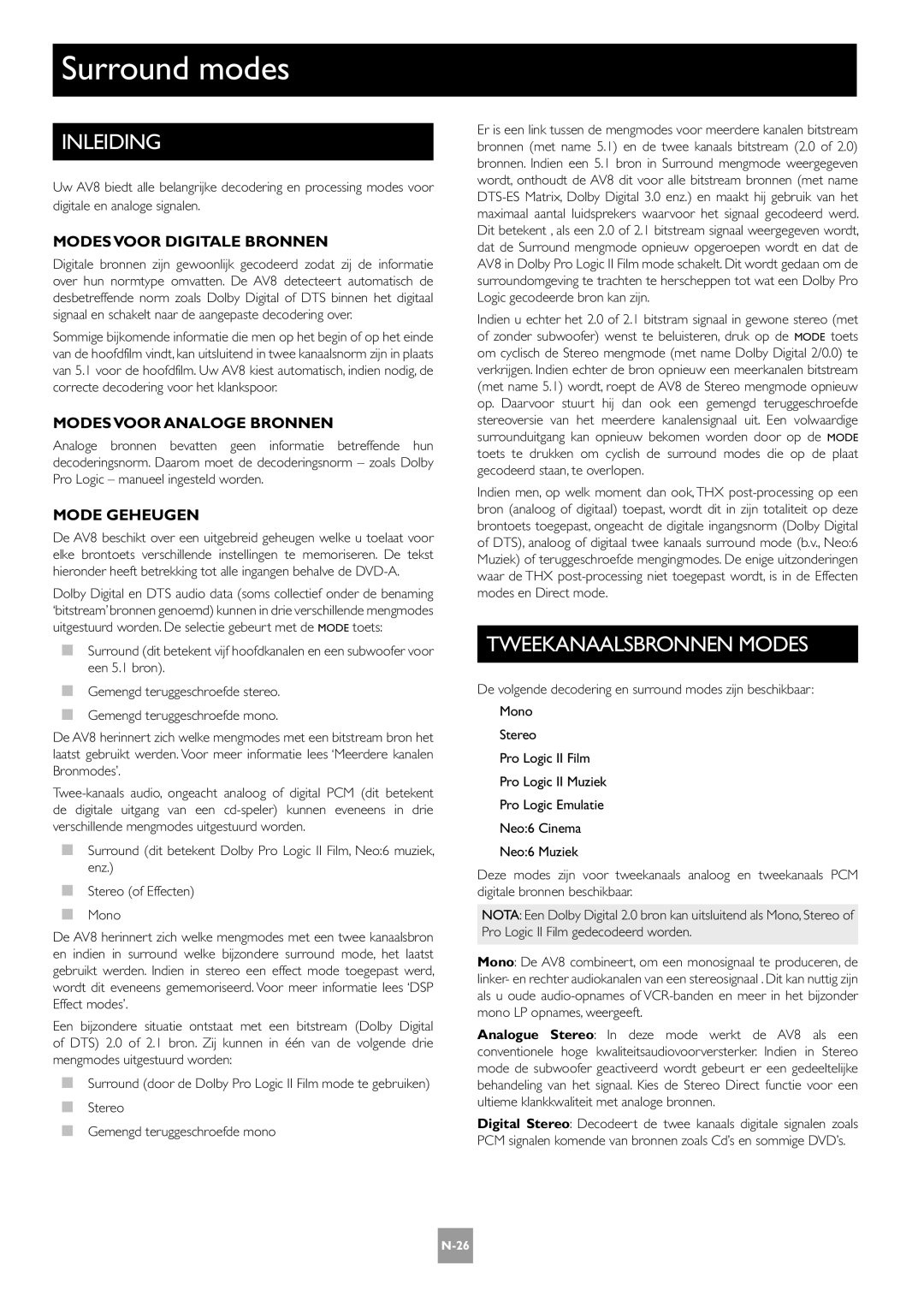 Arcam AV8 Inleiding, Tweekanaalsbronnen Modes, Modes Voor Digitale Bronnen, Modes Voor Analoge Bronnen, Mode Geheugen 