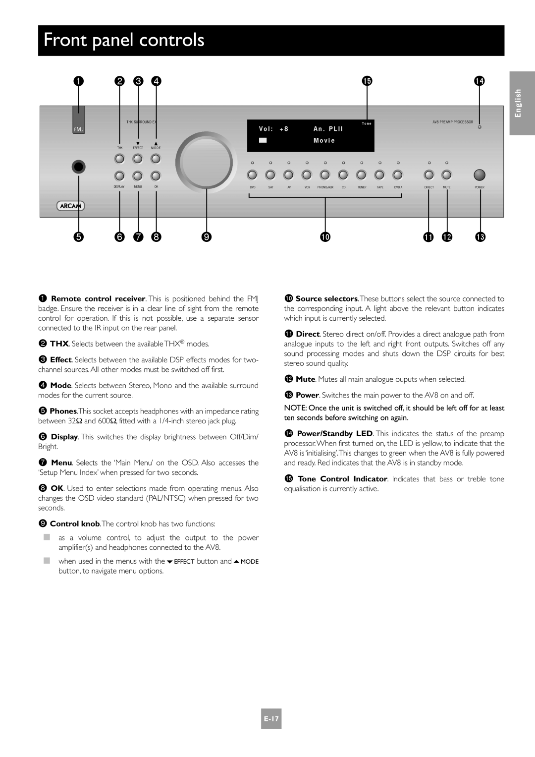 Arcam AV8 manual Front panel controls, THX. Selects between the available THX modes 