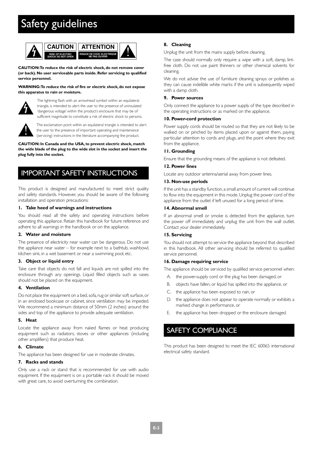 Arcam AV8 manual Safety guidelines, Important Safety Instructions, Safety Compliance 