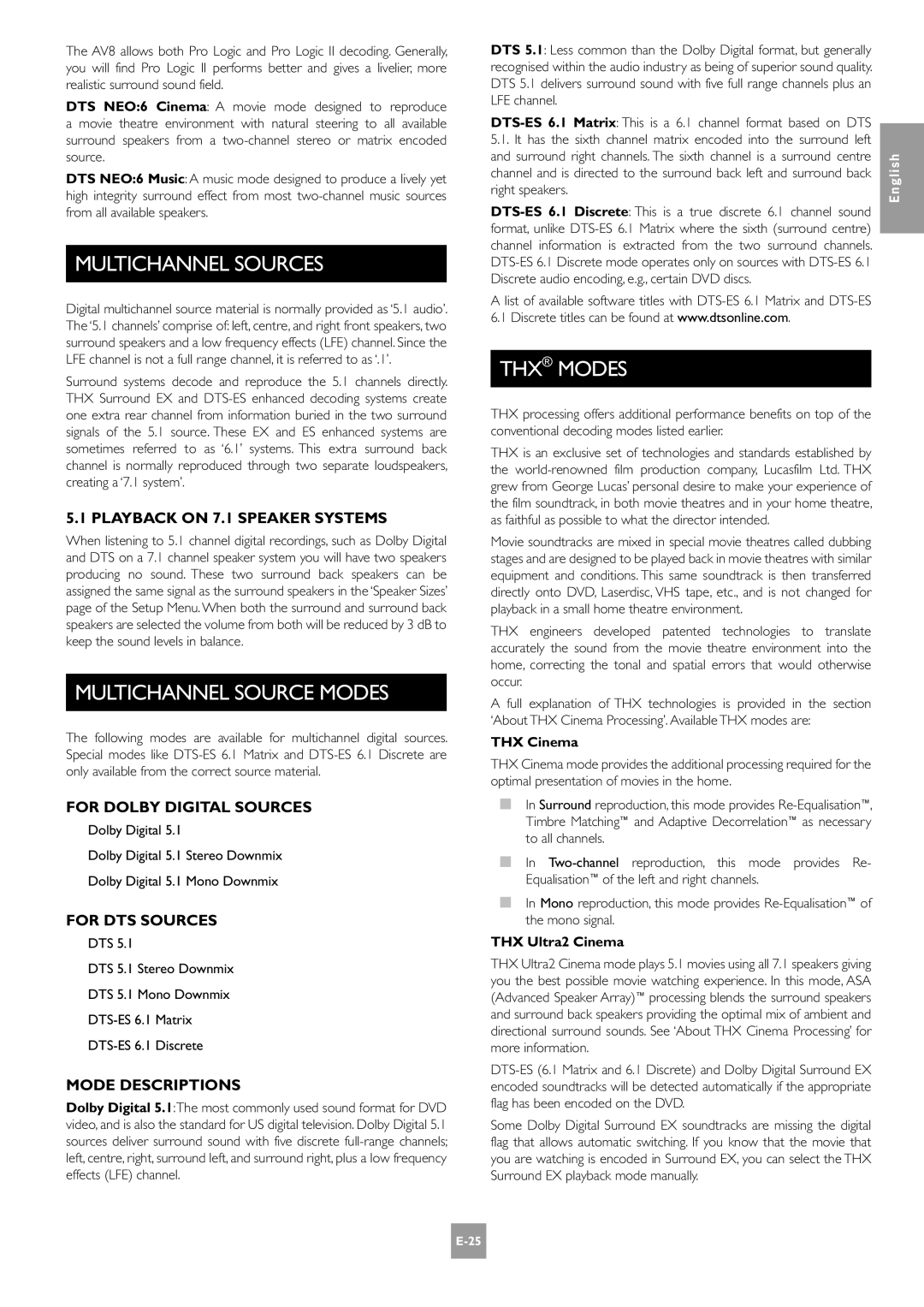 Arcam AV8 manual Multichannel Sources, Multichannel Source Modes, THX Modes 