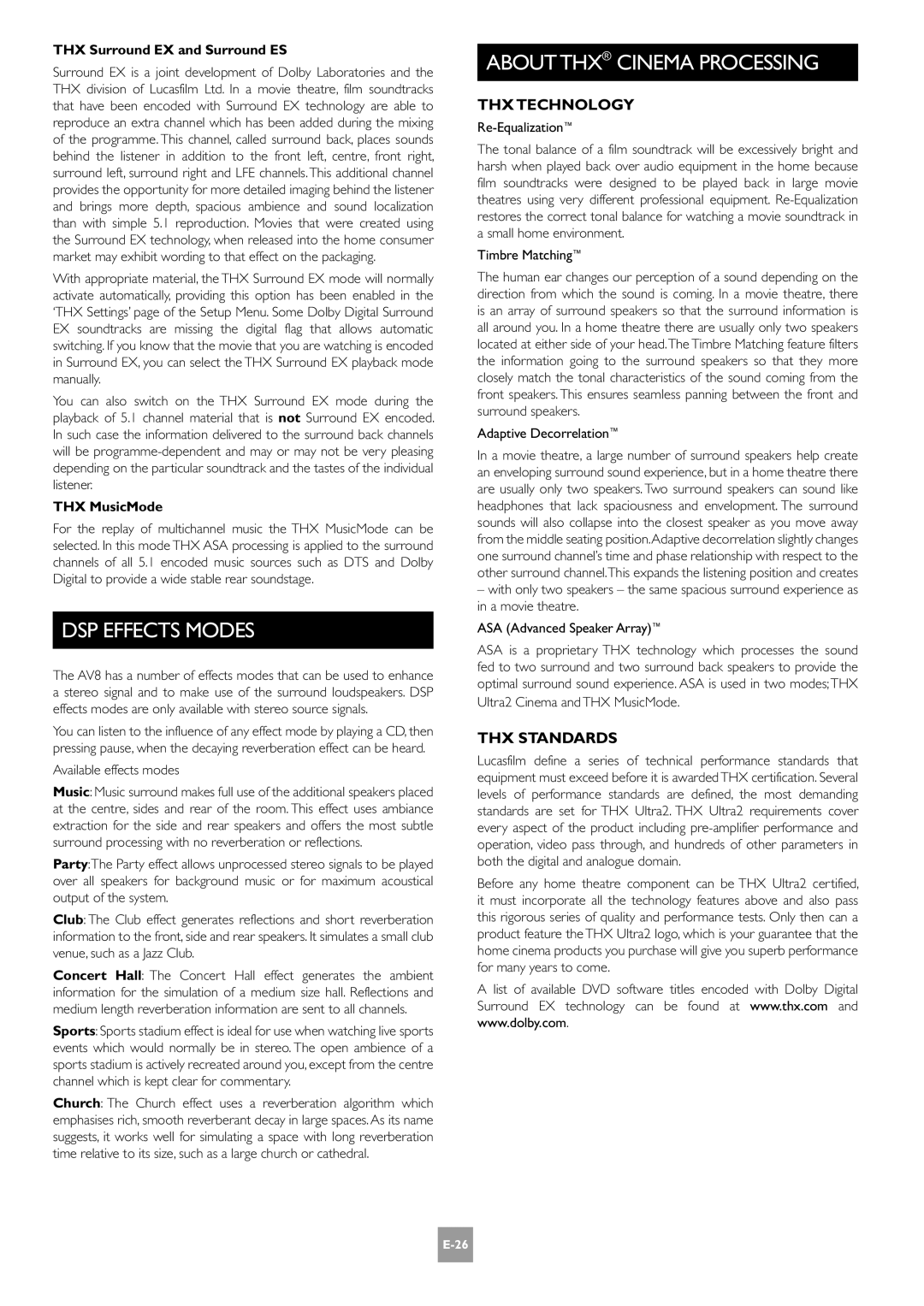 Arcam AV8 manual DSP Effects Modes, About THX Cinema Processing, THX Technology, THX Standards 