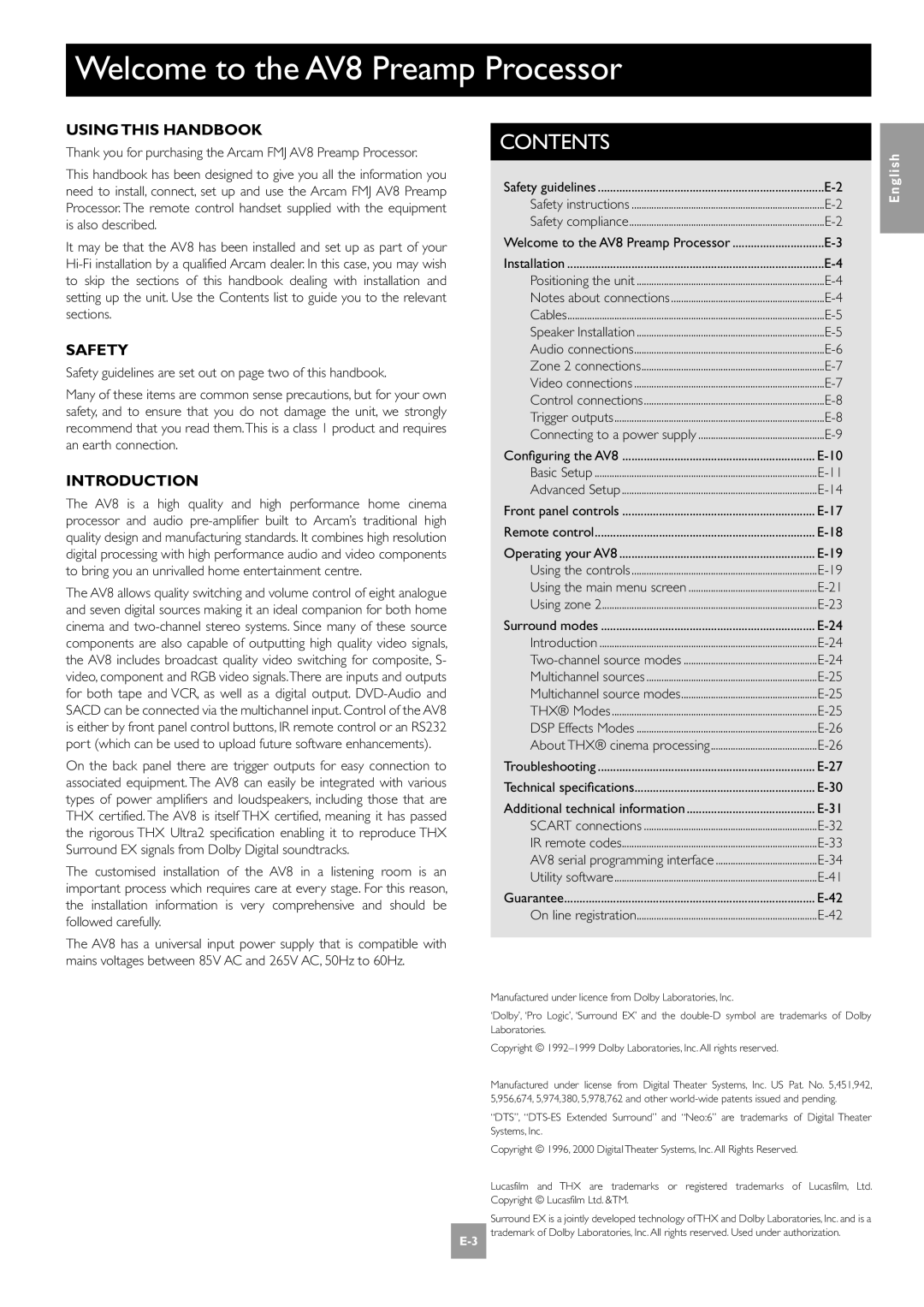 Arcam manual Welcome to the AV8 Preamp Processor, Contents 