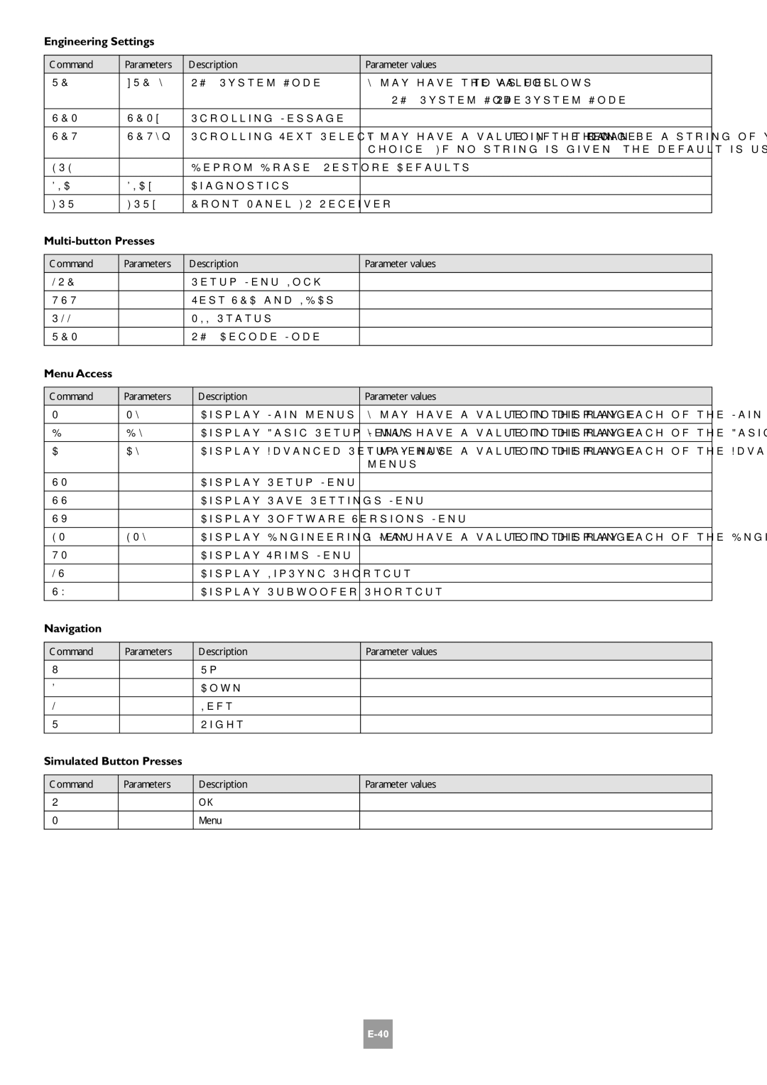 Arcam AV8 manual Engineering Settings, Multi-button Presses, Menu Access, Navigation, Simulated Button Presses 