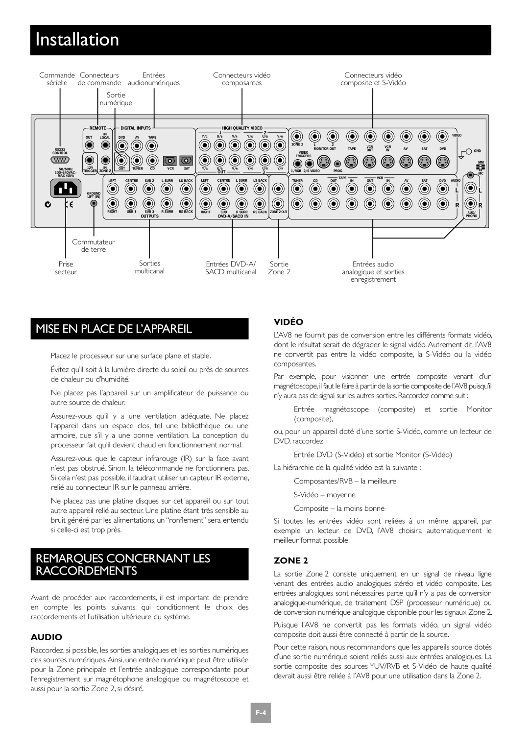 Arcam AV8 manual Mise EN Place DE L’APPAREIL, Remarques Concernant LES Raccordements, Vidéo 