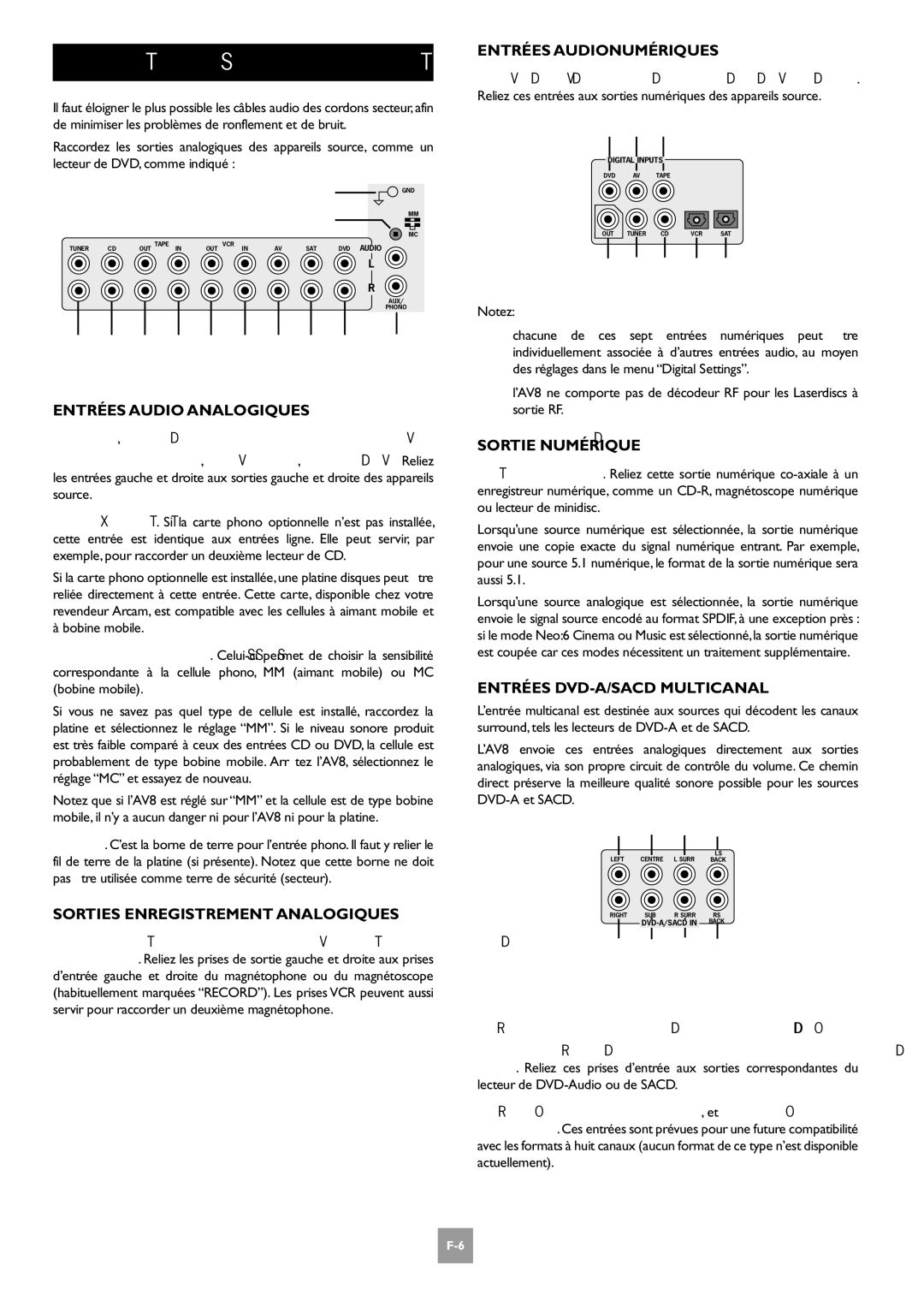 Arcam AV8 manual Raccordements Audio 