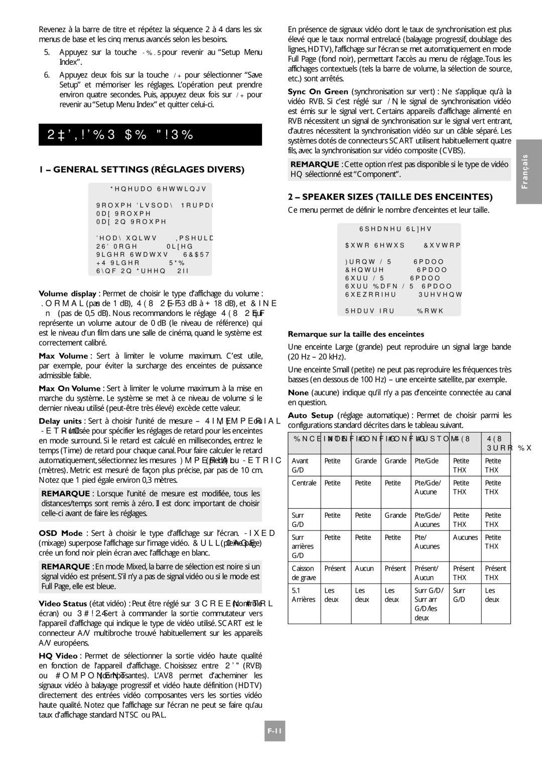 Arcam AV8 manual Réglages DE Base, General Settings Réglages Divers, Speaker Sizes Taille DES Enceintes 