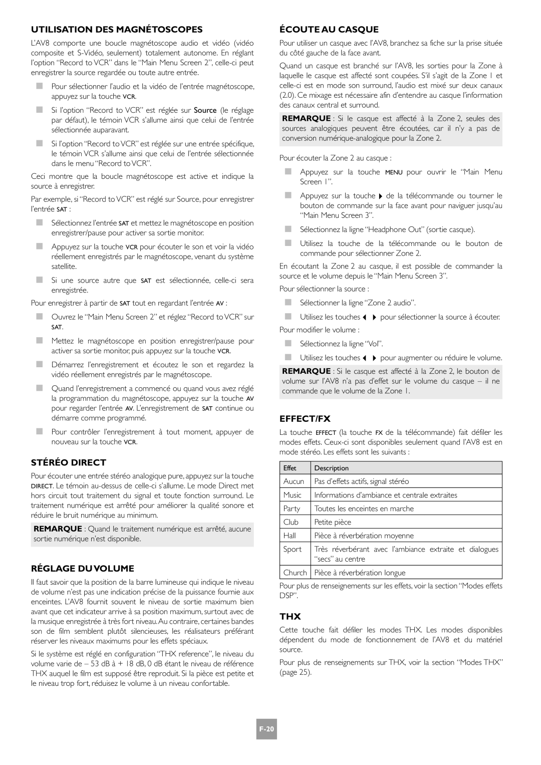 Arcam AV8 manual Utilisation DES Magnétoscopes, Stéréo Direct, Réglage DU Volume, Écoute AU Casque, Effect/Fx 