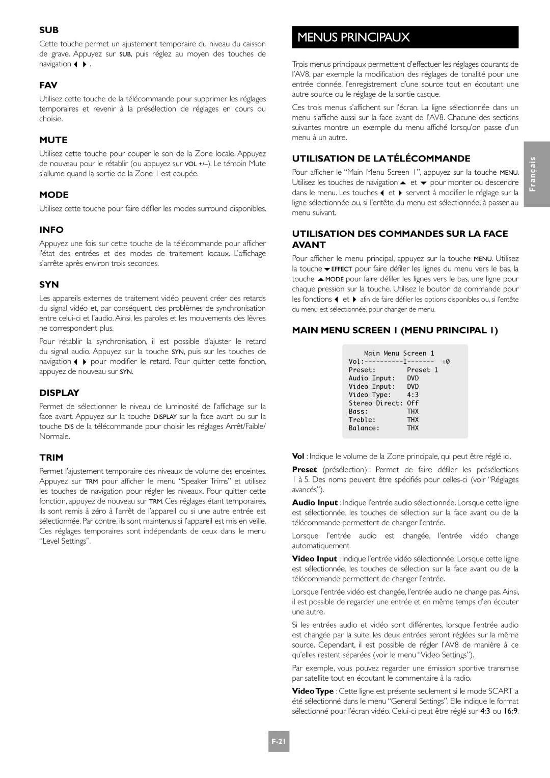 Arcam AV8 Menus Principaux, Utilisation DE LA Télécommande, Utilisation DES Commandes SUR LA Face Avant, Menu suivant 